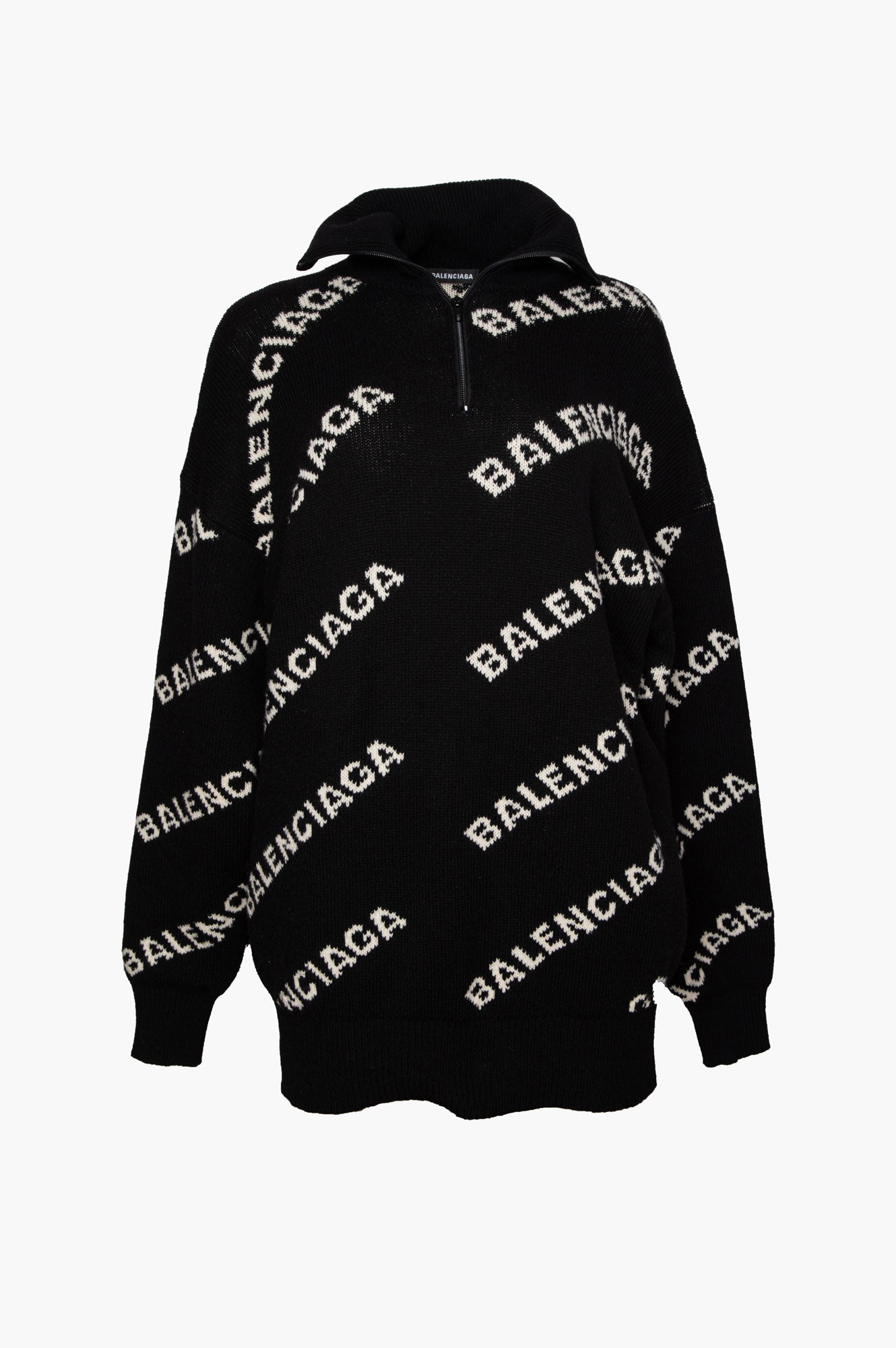 Balenciaga Black Oversized Logo-Intarsia Half-Zip Sweater