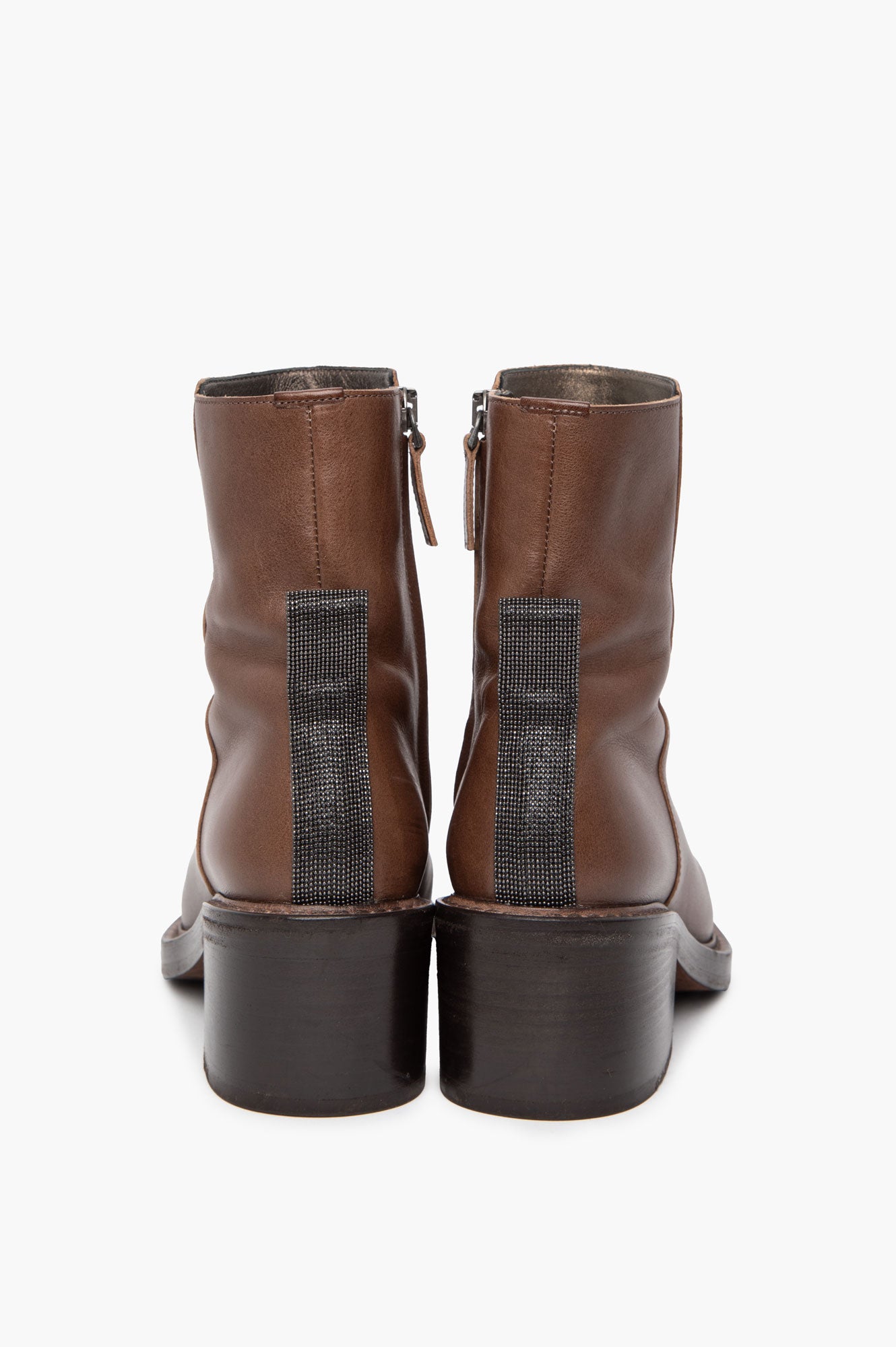 Brunello Cucinelli Brown Leather Monili Tab Ankle Boots Size 36