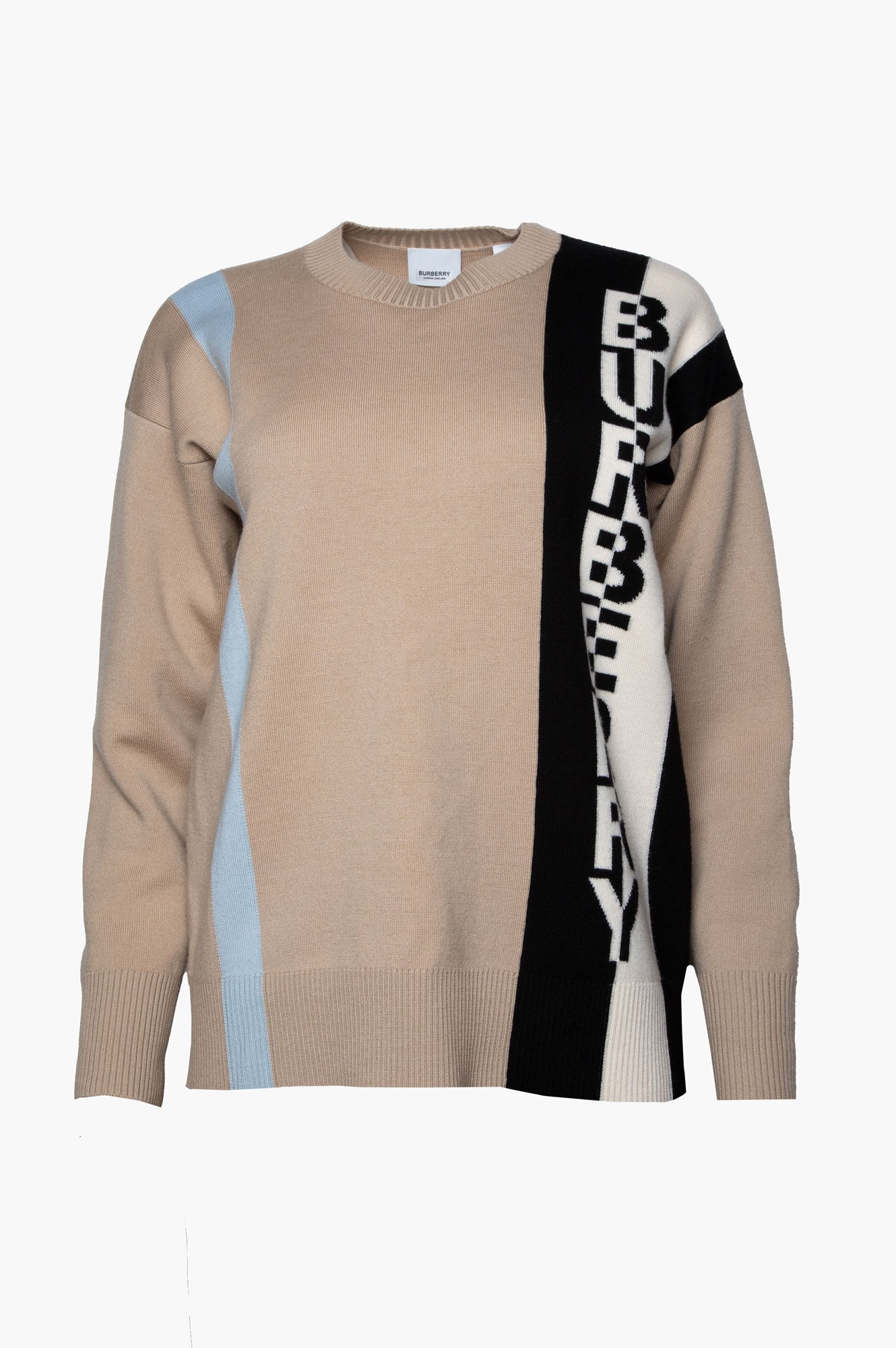 Burberry Beige Merino Jacquard Stripe Logo Crewneck Sweater