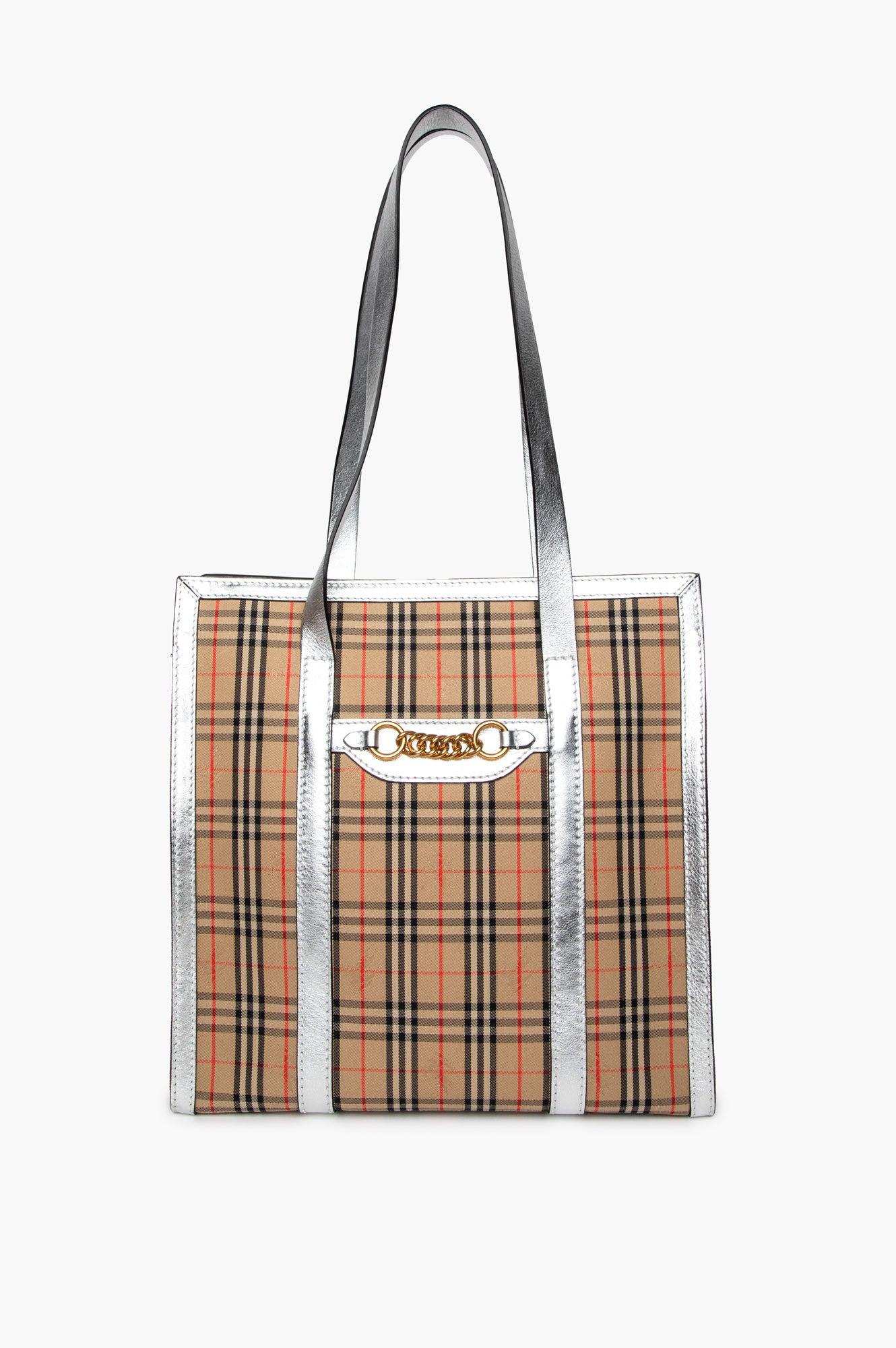 Burberry Silver Calfskin 1983 Knight Check Link Zip Tote