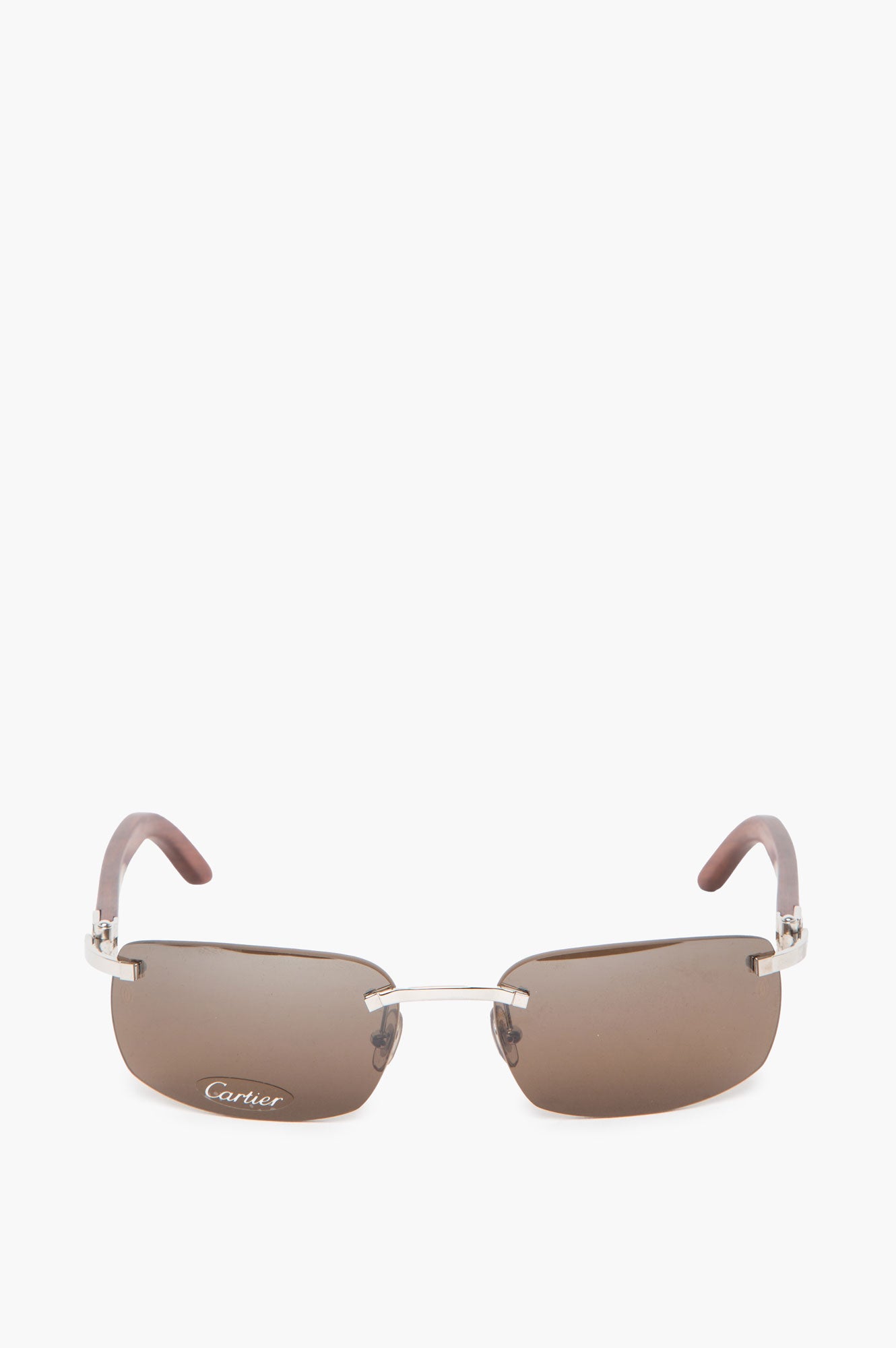 Cartier Light Wood Rimless Sunglasses with Platnium C Decor and Brown Lens