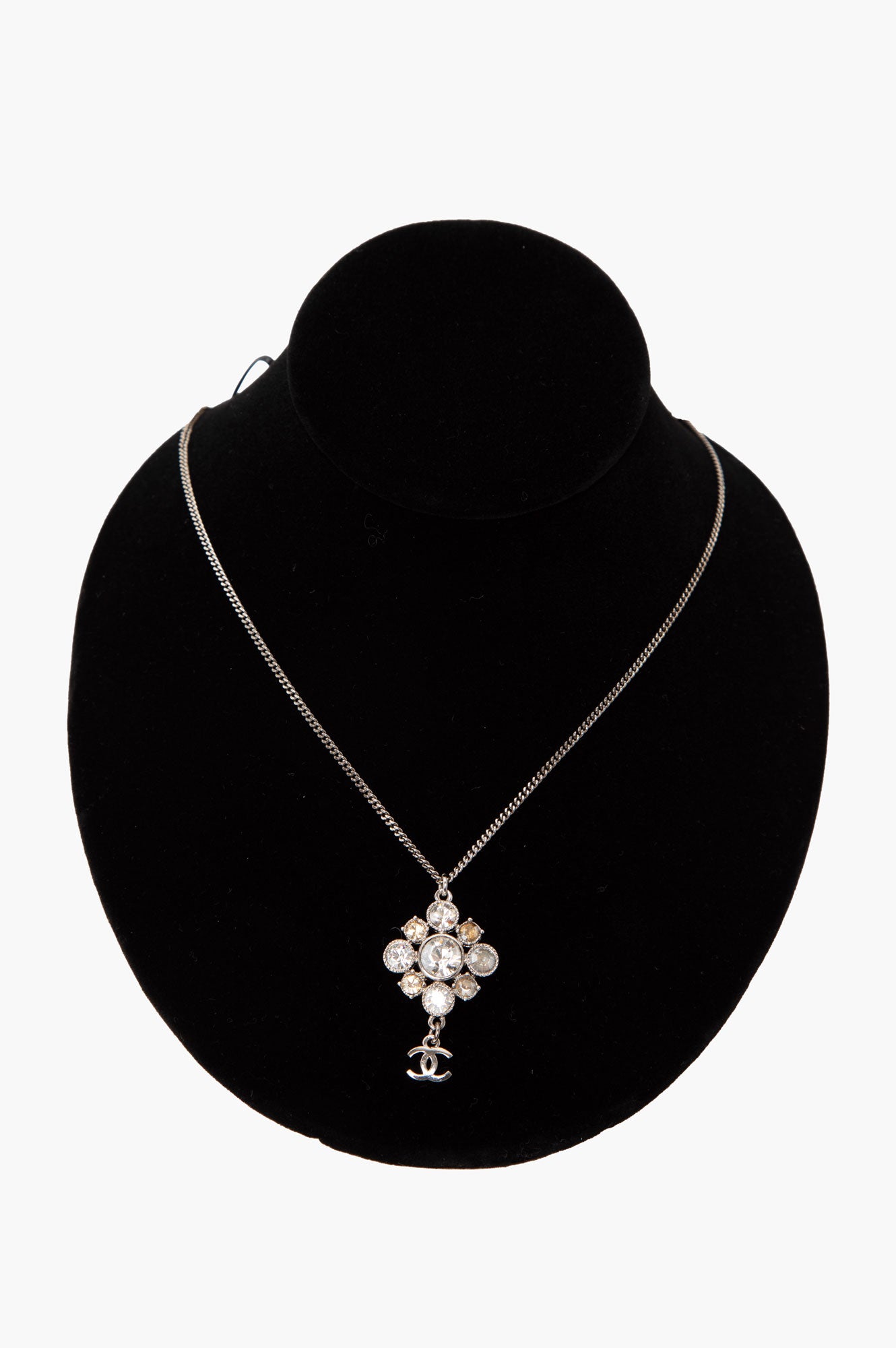Chanel 09 V Silver-T0ne CC Logo Crystal Cluster Pendant Necklace