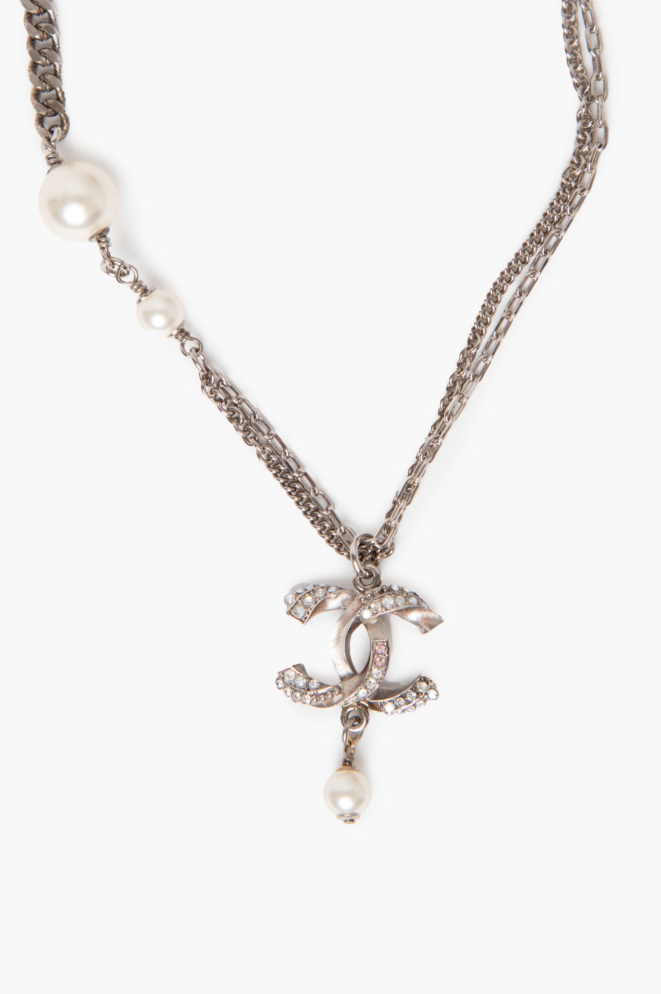 Chanel 12 P Silver-Tone Multi-Chain Pearl CC Logo Necklace