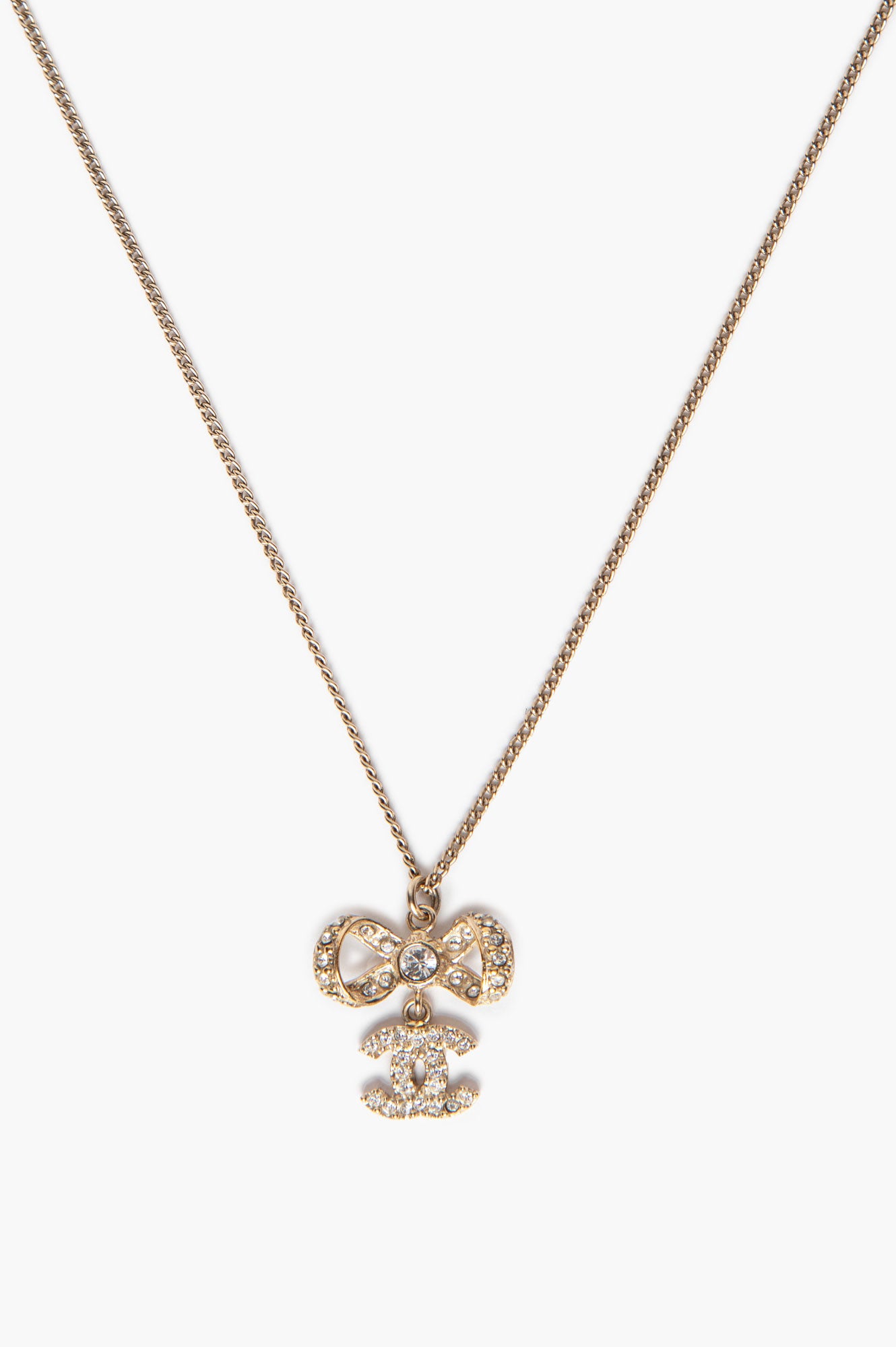 Chanel B12 P Champagne Gold-Tone Crystal CC Logo Bow Necklace