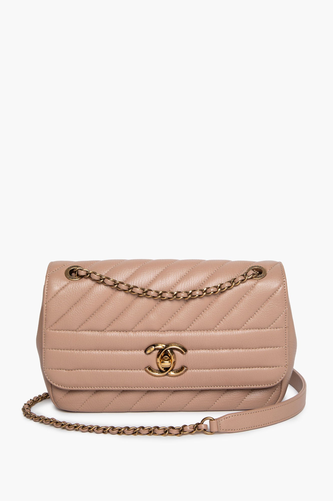 Chanel Beige Goatskin Diagonal Chevron CC Flap Bag