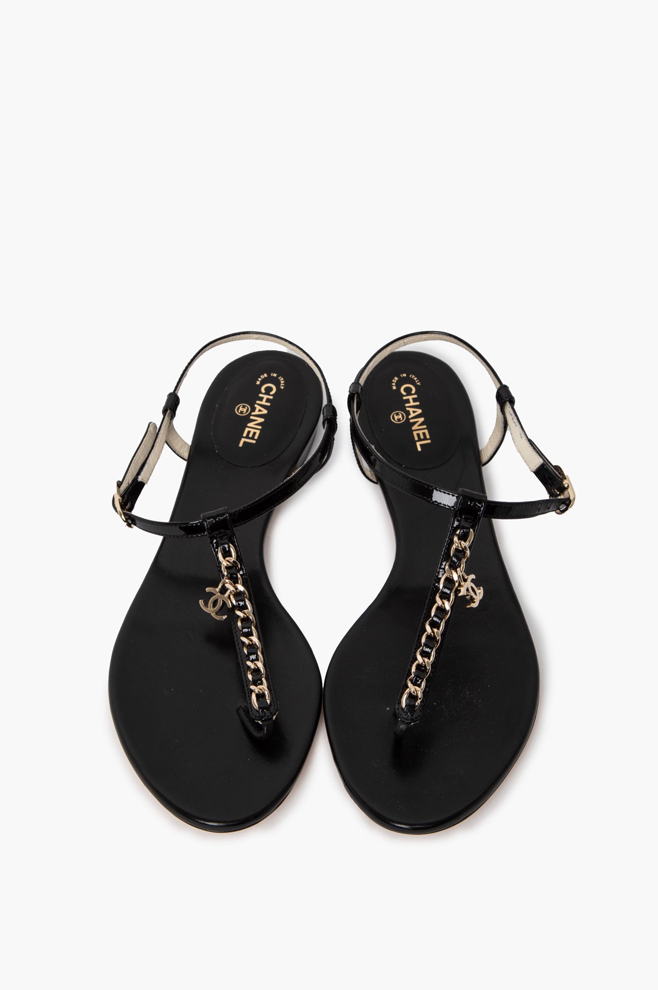 Chanel Black Patent Gold Chain T-Strap CC Charm Sandals Size 38.5