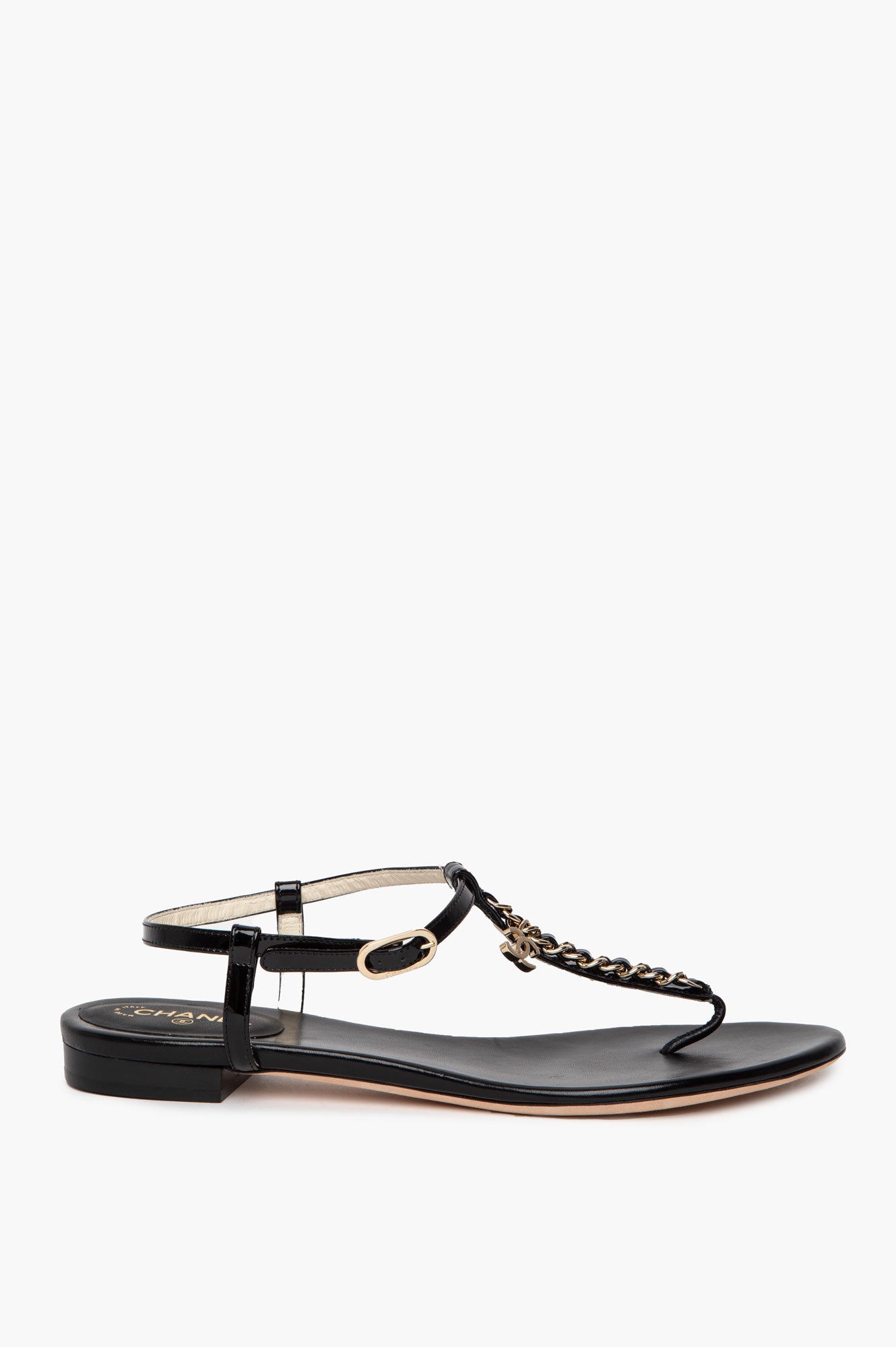 Chanel Black Patent Gold Chain T-Strap CC Charm Sandals Size 38.5