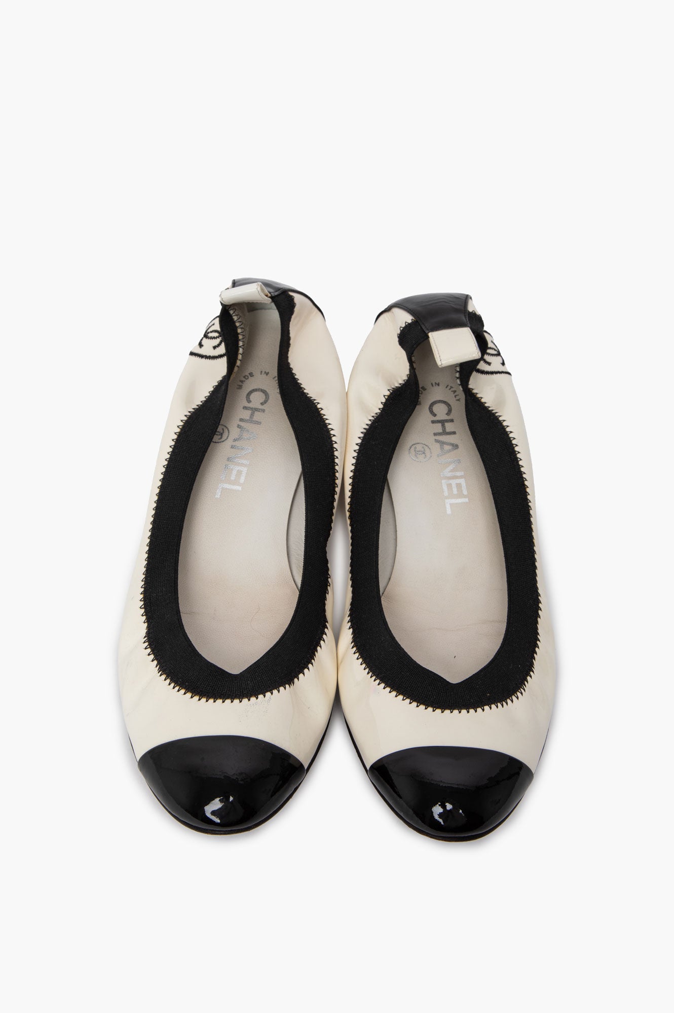 Chanel Black/White Patent leather CC Cap Toe Ballet Flats Size 37