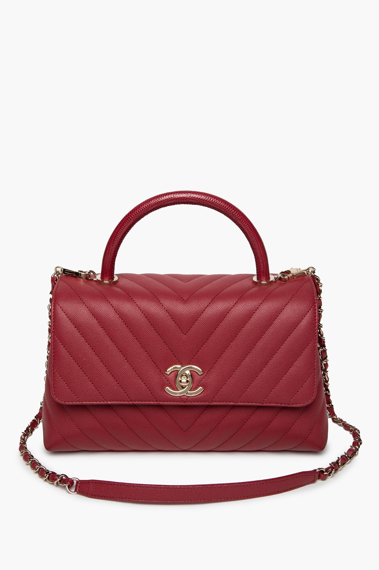 Chanel Dark Red Chevron Quilted Caviar & Lizard Medium Coco Handle Bag