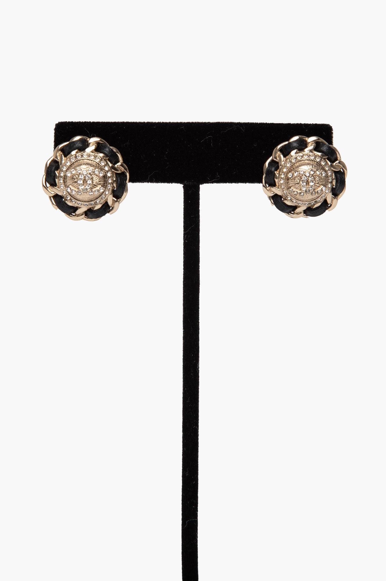 Chanel Leather Chain Framed CC Logo Rhinestone Stud Earrings