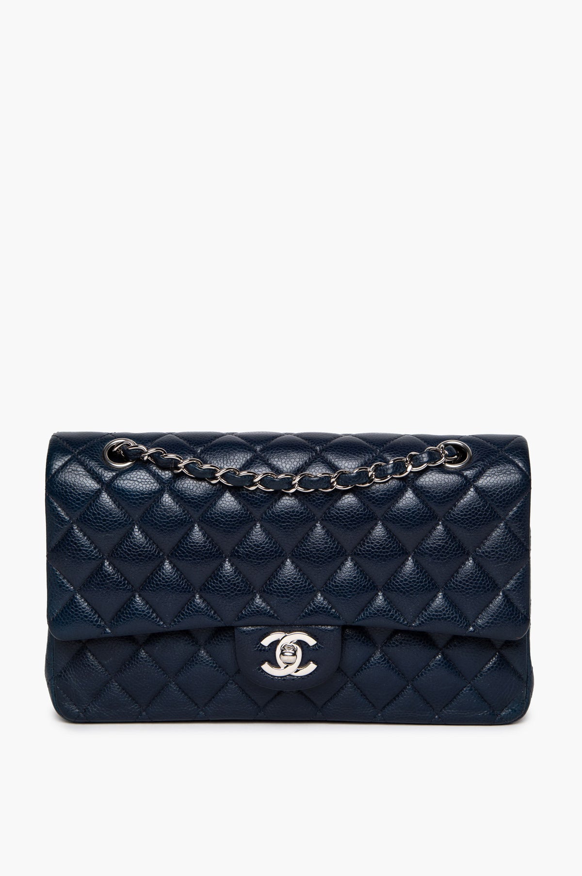 Chanel Navy Blue Caviar Medium Classic Flap SHW