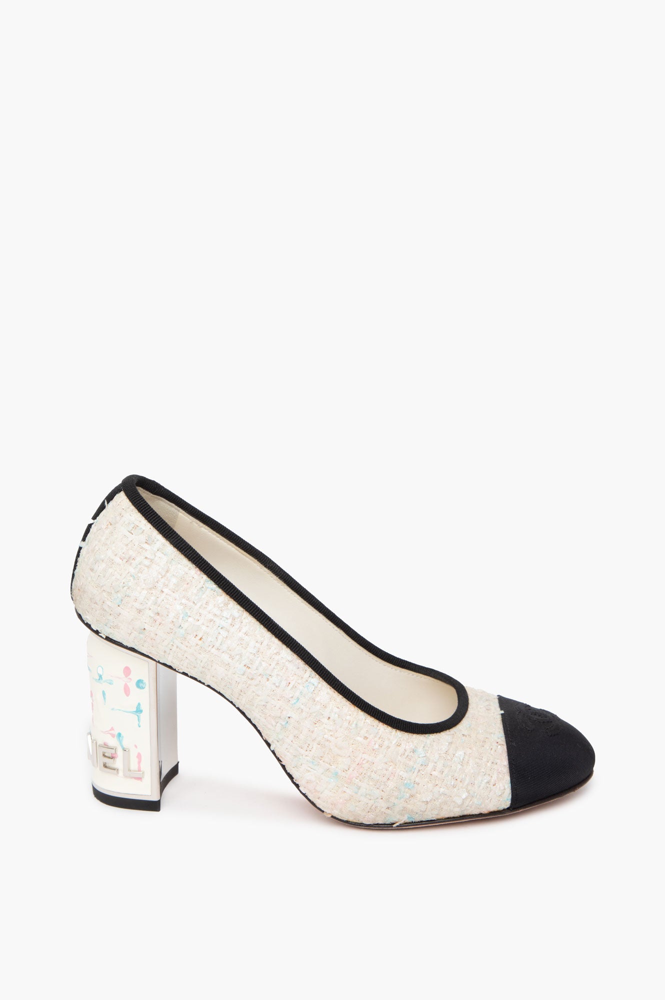 Chanel Pink & Blue Flecked Tweed CC Cap Toe Block Heel Pumps Size 36.5