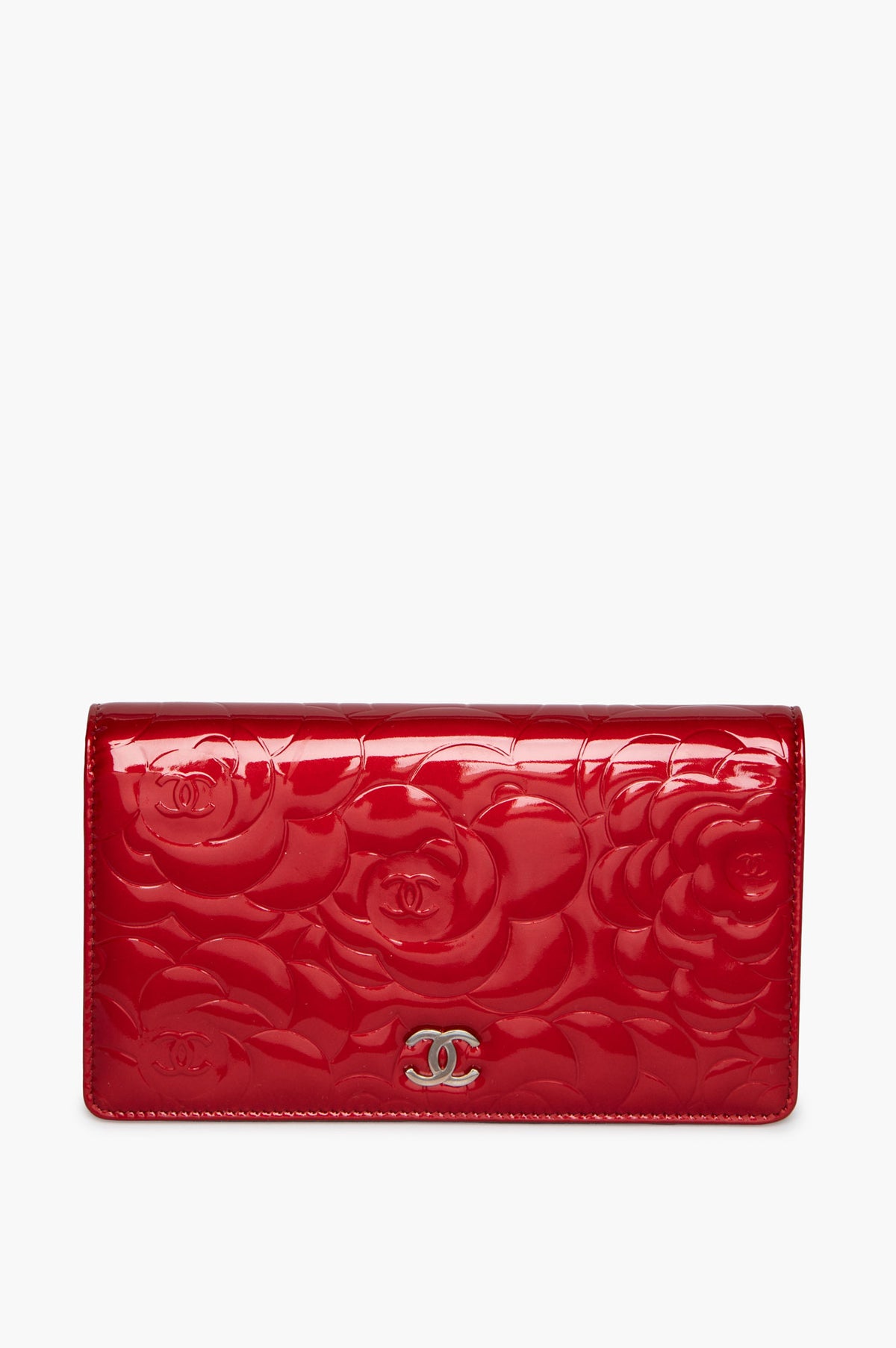 Chanel Red Patent Camellia Embossed Wallet