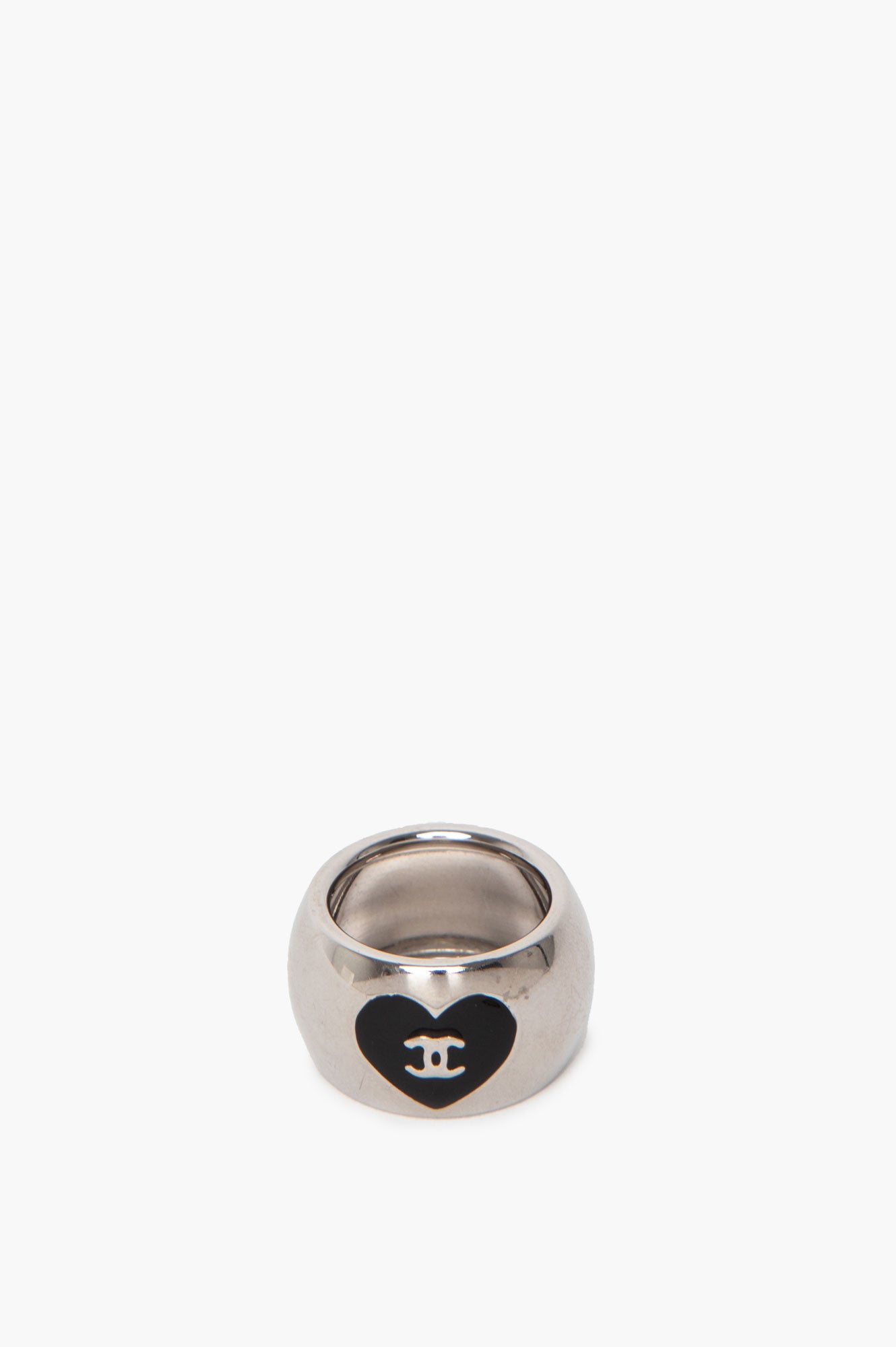 Chanel Silver-Tone Black Enamel CC Heart Ring