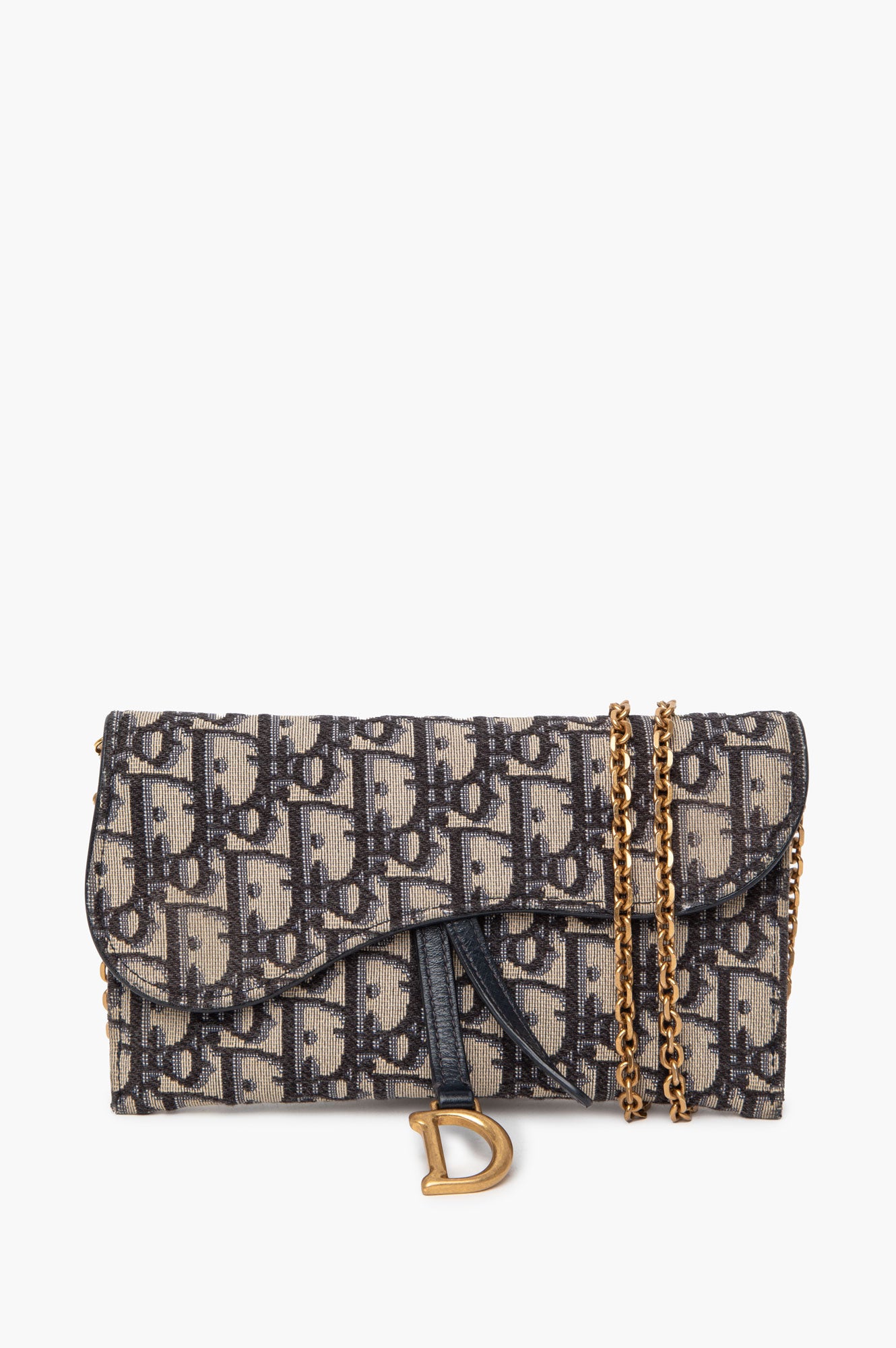 Christian Dior Blue Oblique Small Saddle Chain Pouch with Zip Pouch