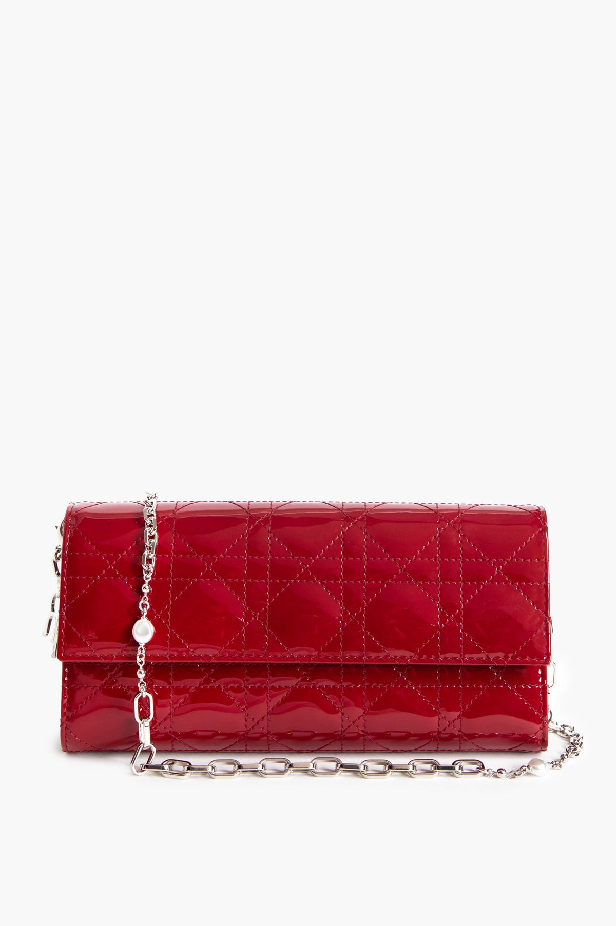 Christian Dior Crimson Patent Cannage Lady Dior Wallet On Chain
