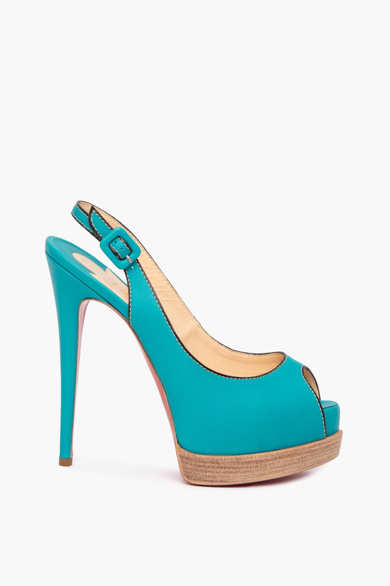 Christian Louboutin Turqoise Leather Palais Royal Trepointe Peeptoe Slingback Pumps SIze 37.5