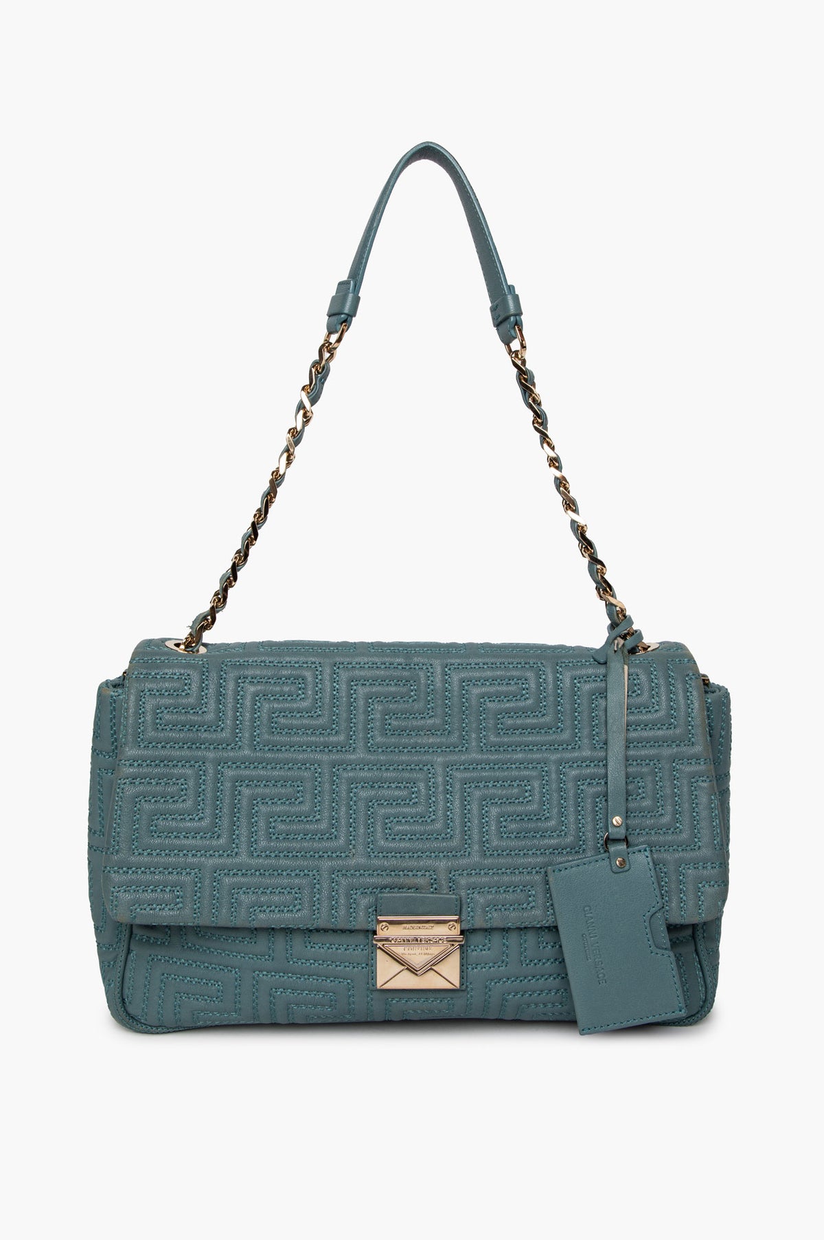 Gianni Versace Teal Greca Quilted Shoulder Bag