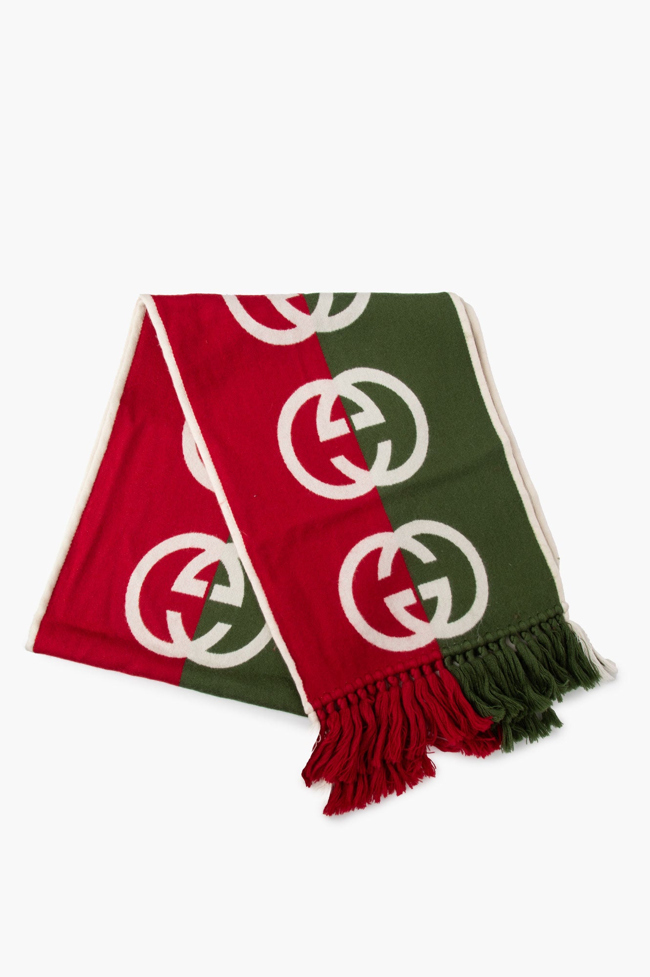 Gucci Green and Red Wool Logo Scarf