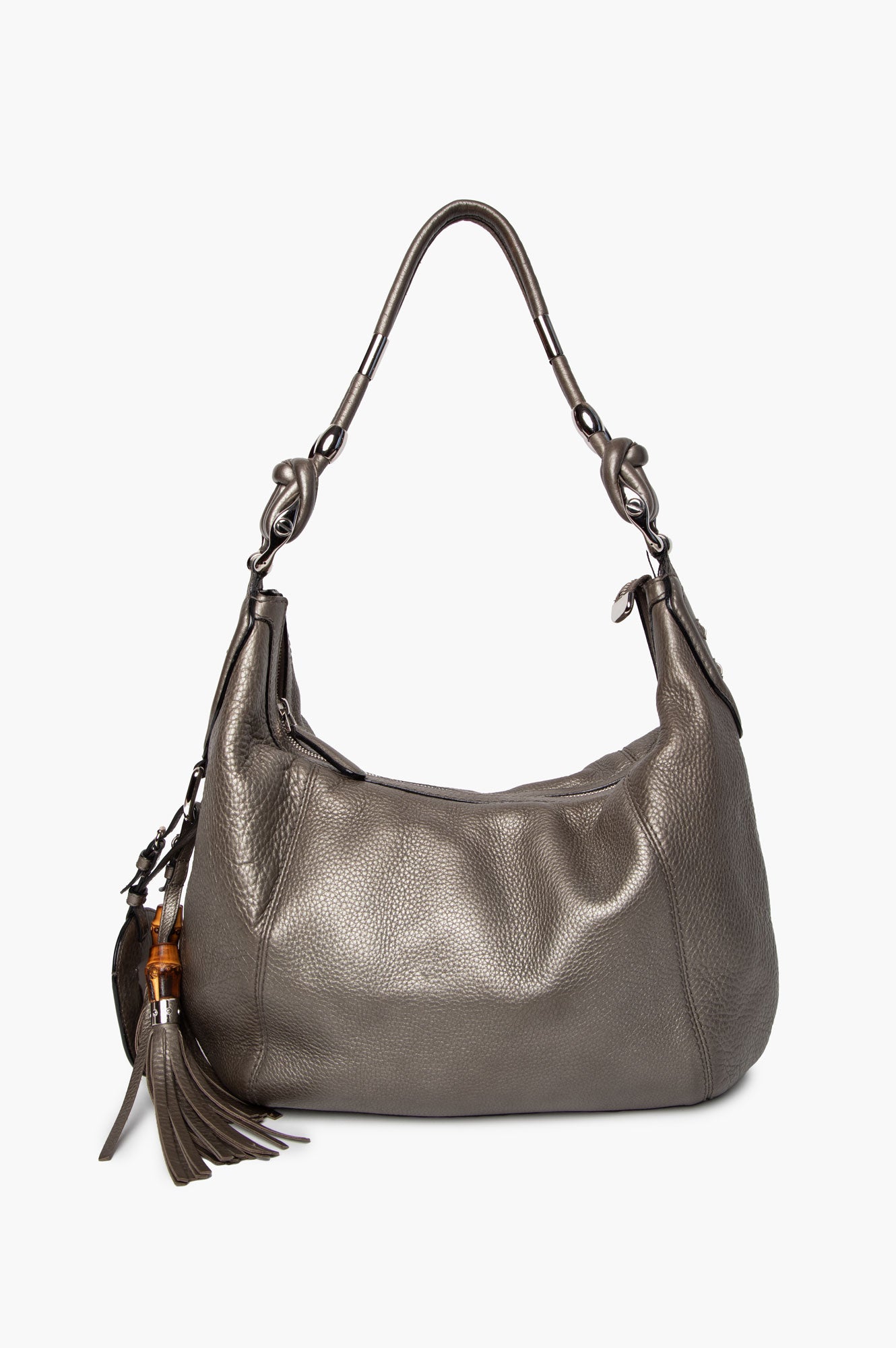 Gucci Metallic Pewter Pebbled Leather Techno Horsebit Hobo Bag