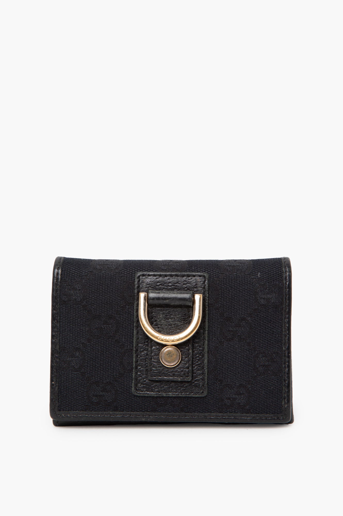 Gucci Vintage Black GG Monogram Canvas Gold Buckle Bi-fold Card Wallet