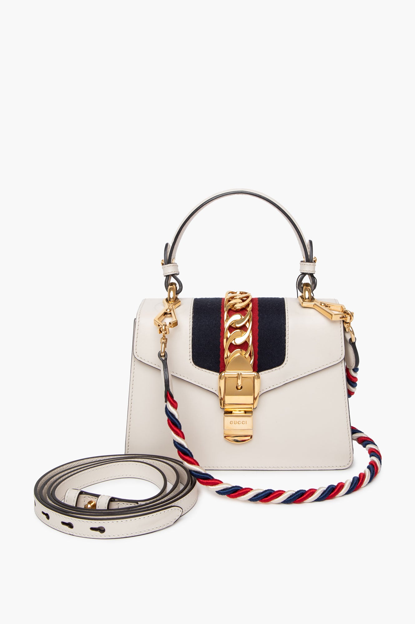 Gucci White Leather Sylvie Mini Top Handle Bag