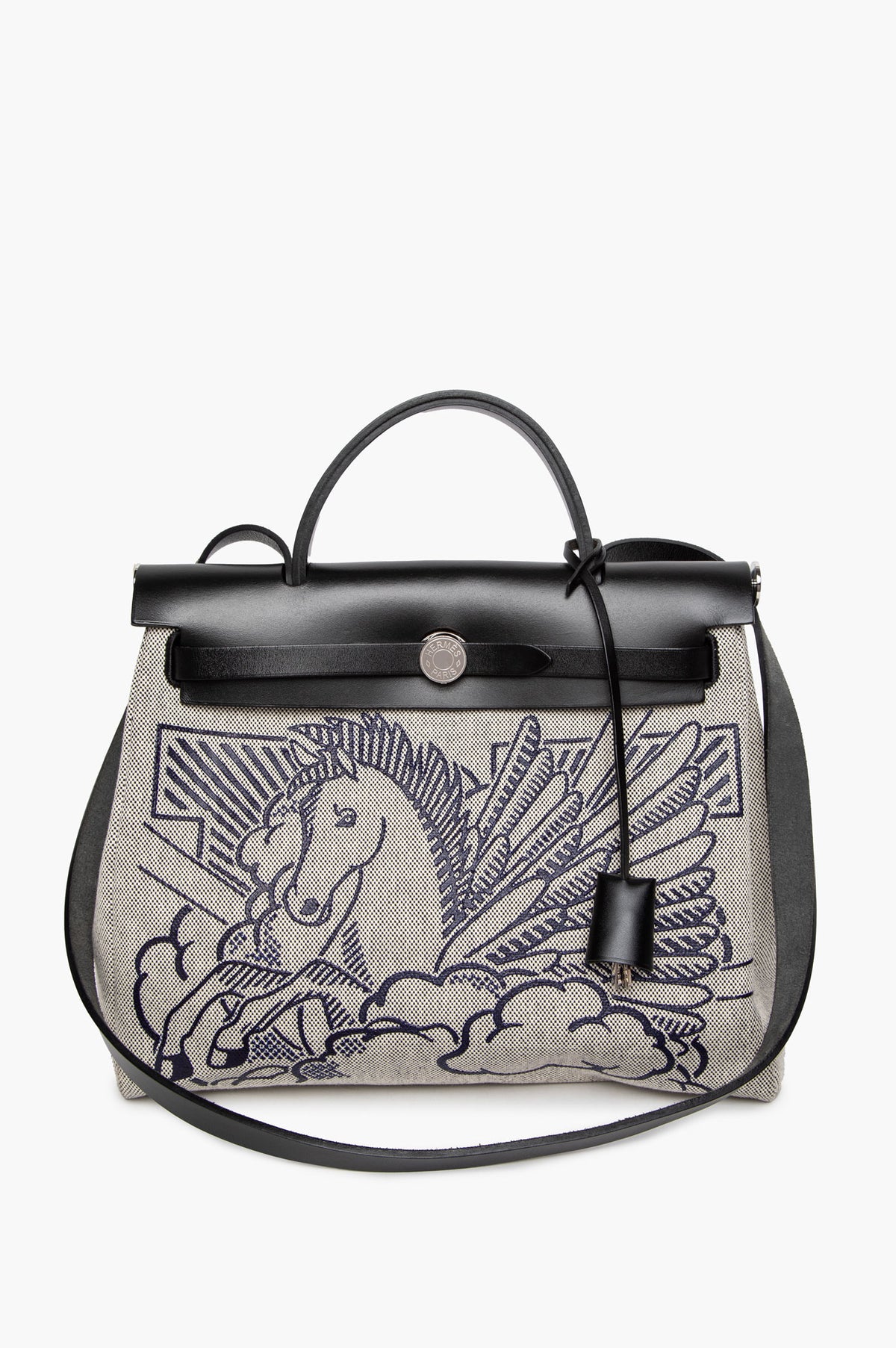 Hermès Black Vache Hunter and Bleu Indigo/Ecru Toile Herbag Zip Pegase Pop 31 PM