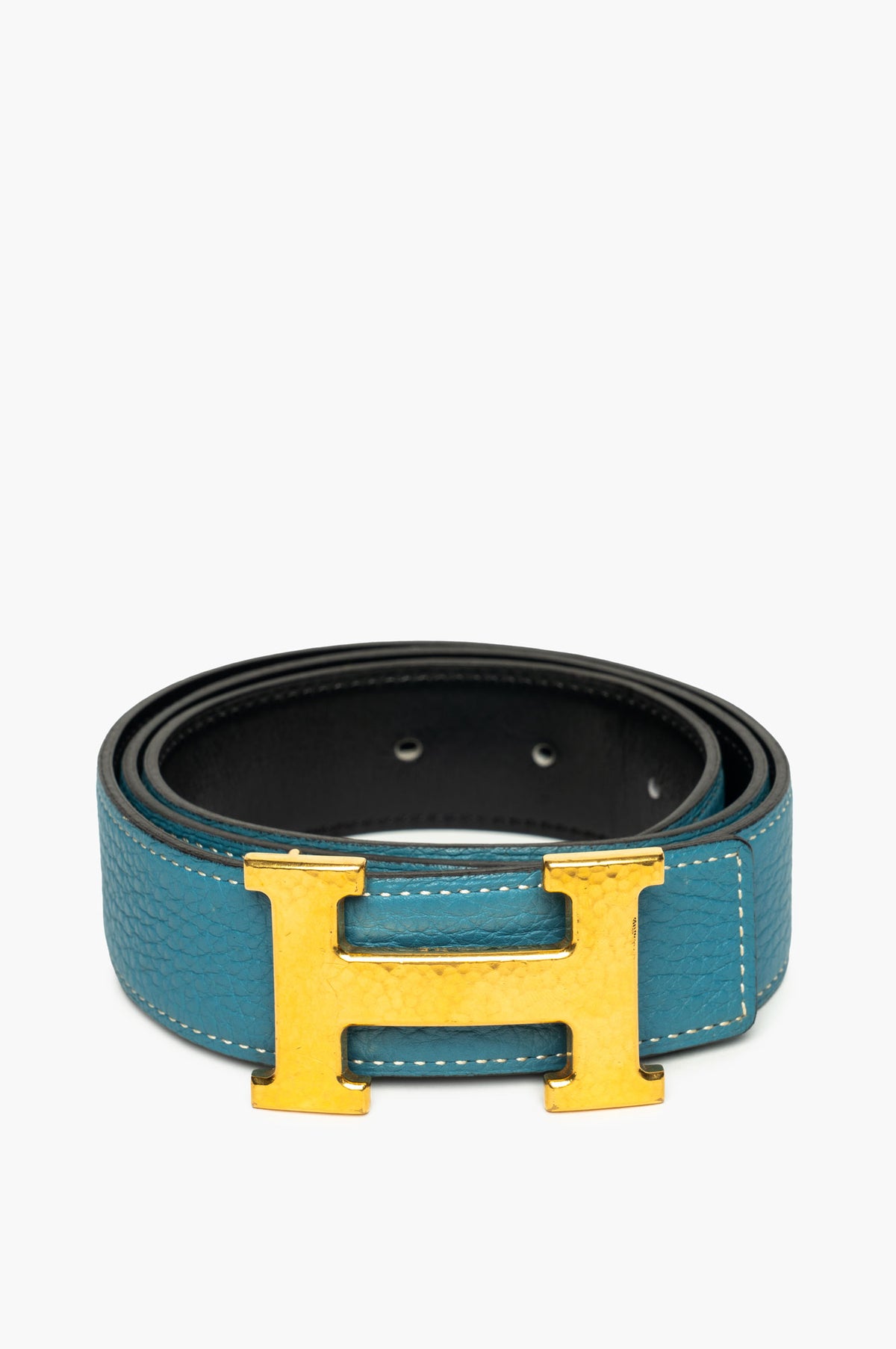 Hermès Blue Jean Togo/Black Swift Gold H Martelee Reversible Belt Size 80