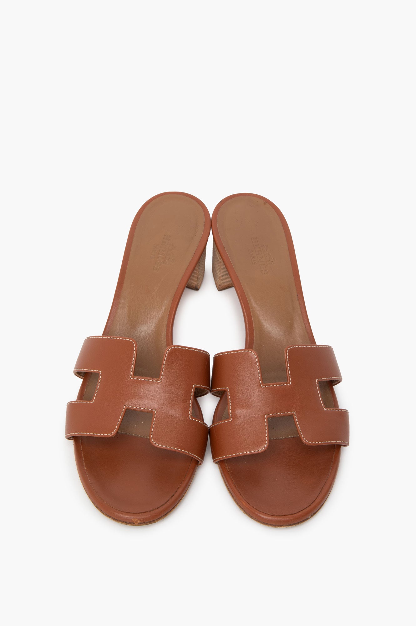 Hermès Brown Swift Stacked Heel Oran Sandals Size 37.5