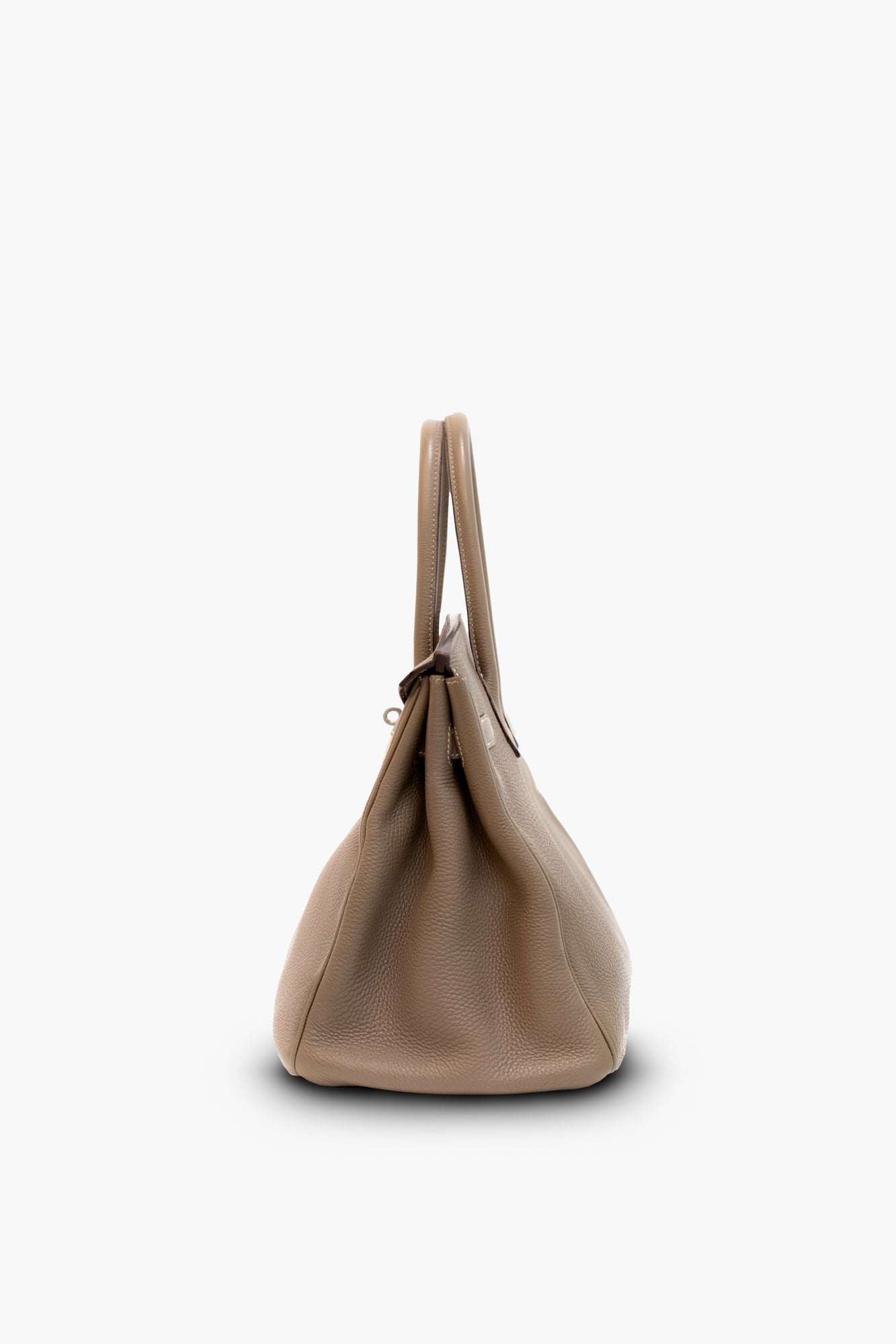 Side view of Hermes Taupe Birkin 35 Togo