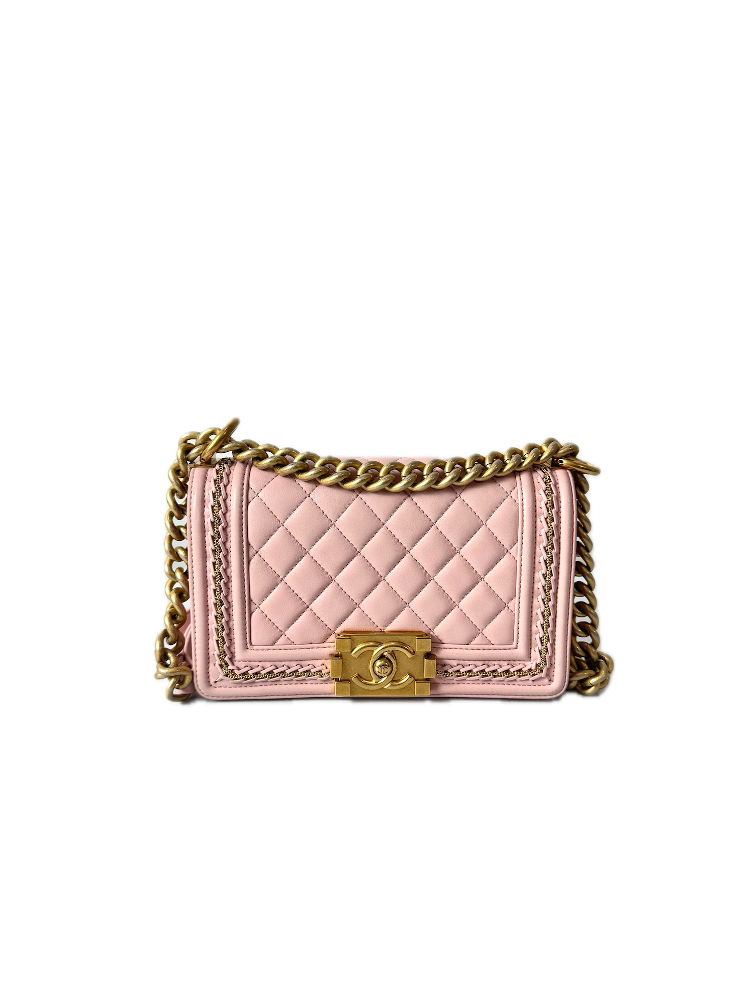 Chanel Pink Small Boy Bag With Gold Chain Embroidery
