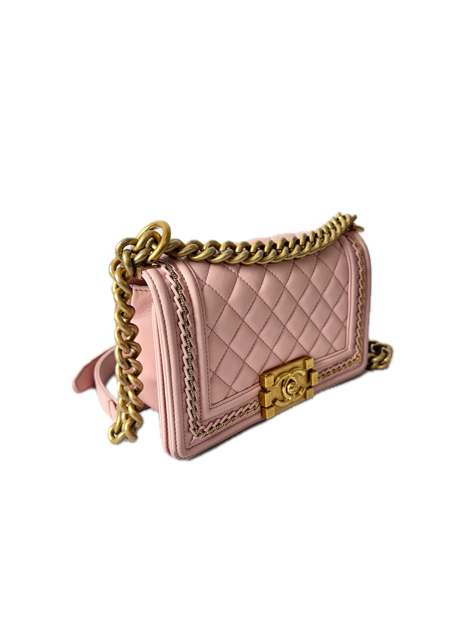 Chanel Pink Small Boy Bag With Gold Chain Embroidery