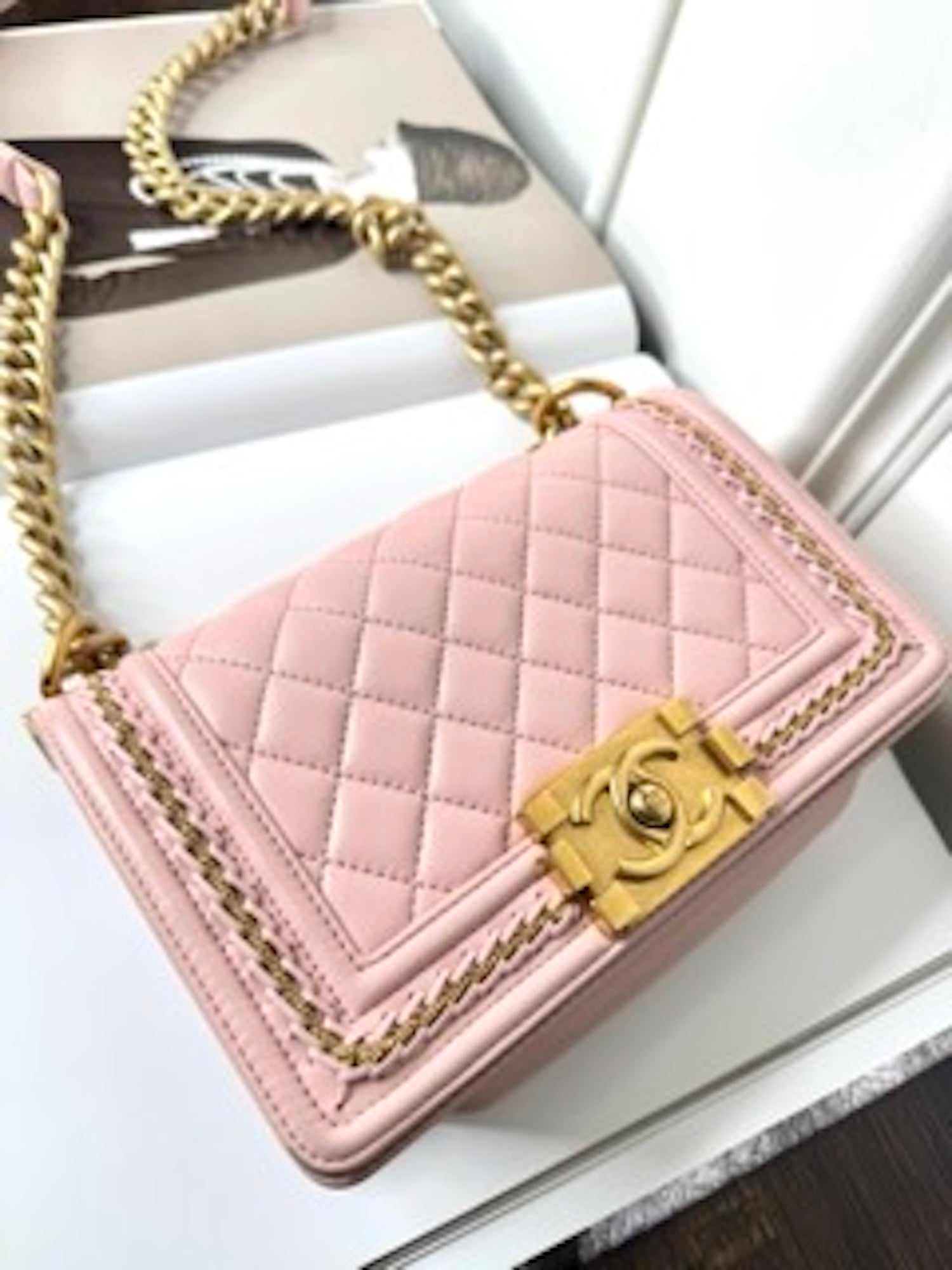 Chanel Pink Small Boy Bag With Gold Chain Embroidery