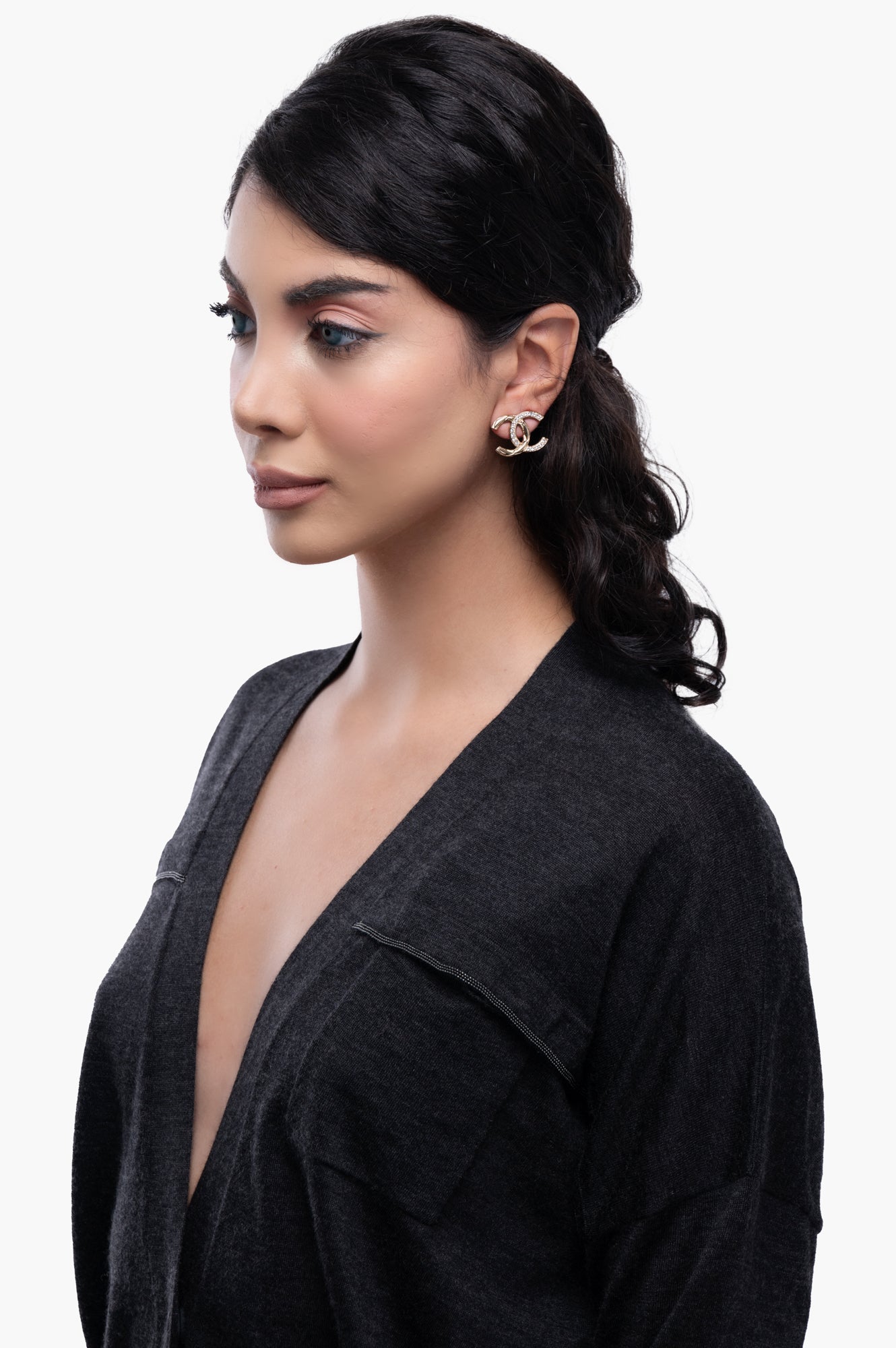 Chanel Crystal Glitter Quilted CC Earrings Light Gold