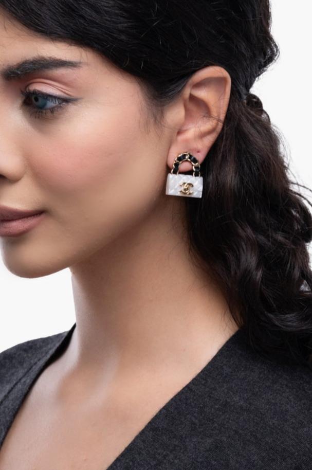 Chanel White Classic Flap Bag Earrings