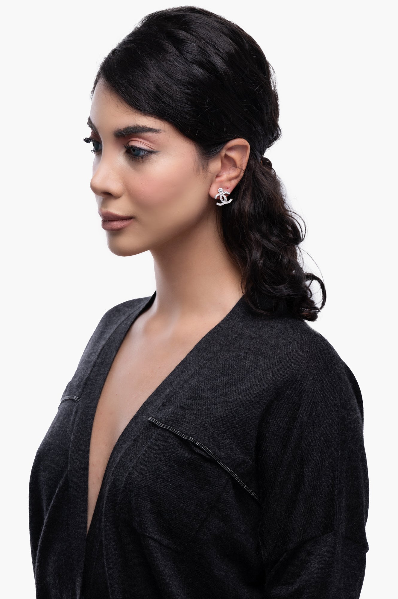 Chanel Silver Crystal Logo Classic Stud Drop Earrings