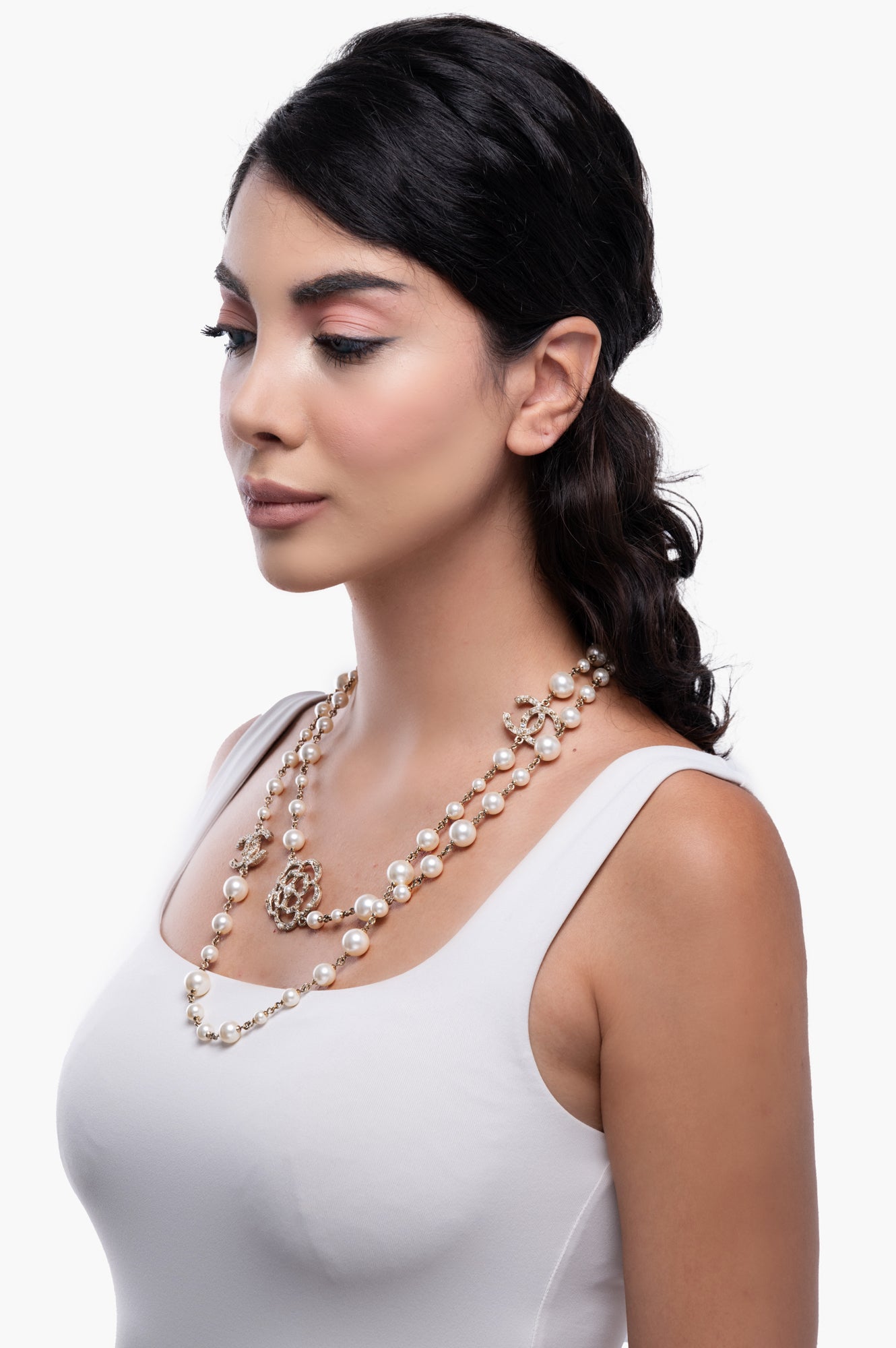 Chanel 14V Pearl and Camelia CC Long Single Strand Necklace