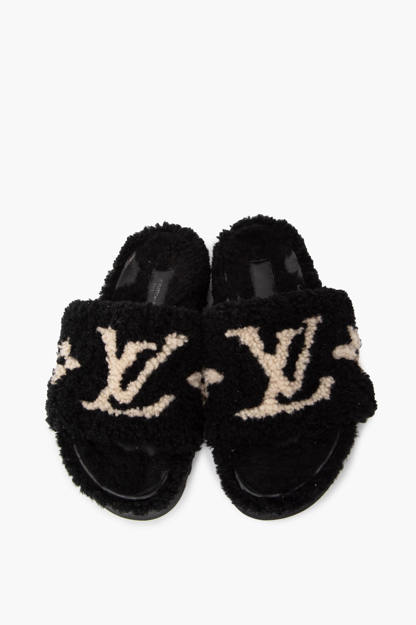 Louis Vuitton Black Monogram Shearling Paseo Flat Slides Size 37