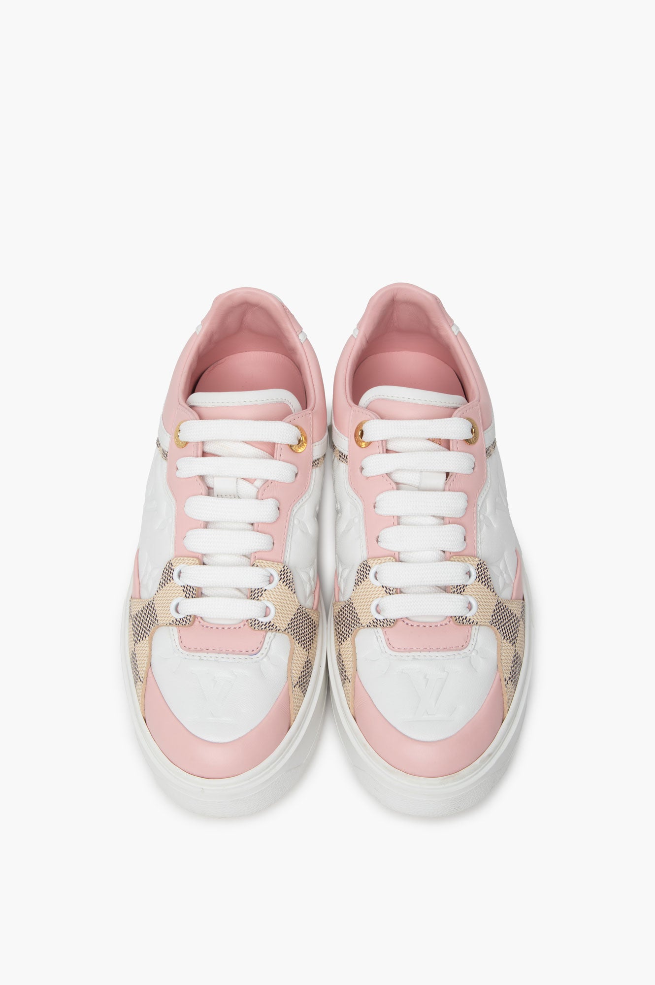 Louis Vuitton Pink/White Embossed Leather Damier Azur Time Out Trainers Size 35.5