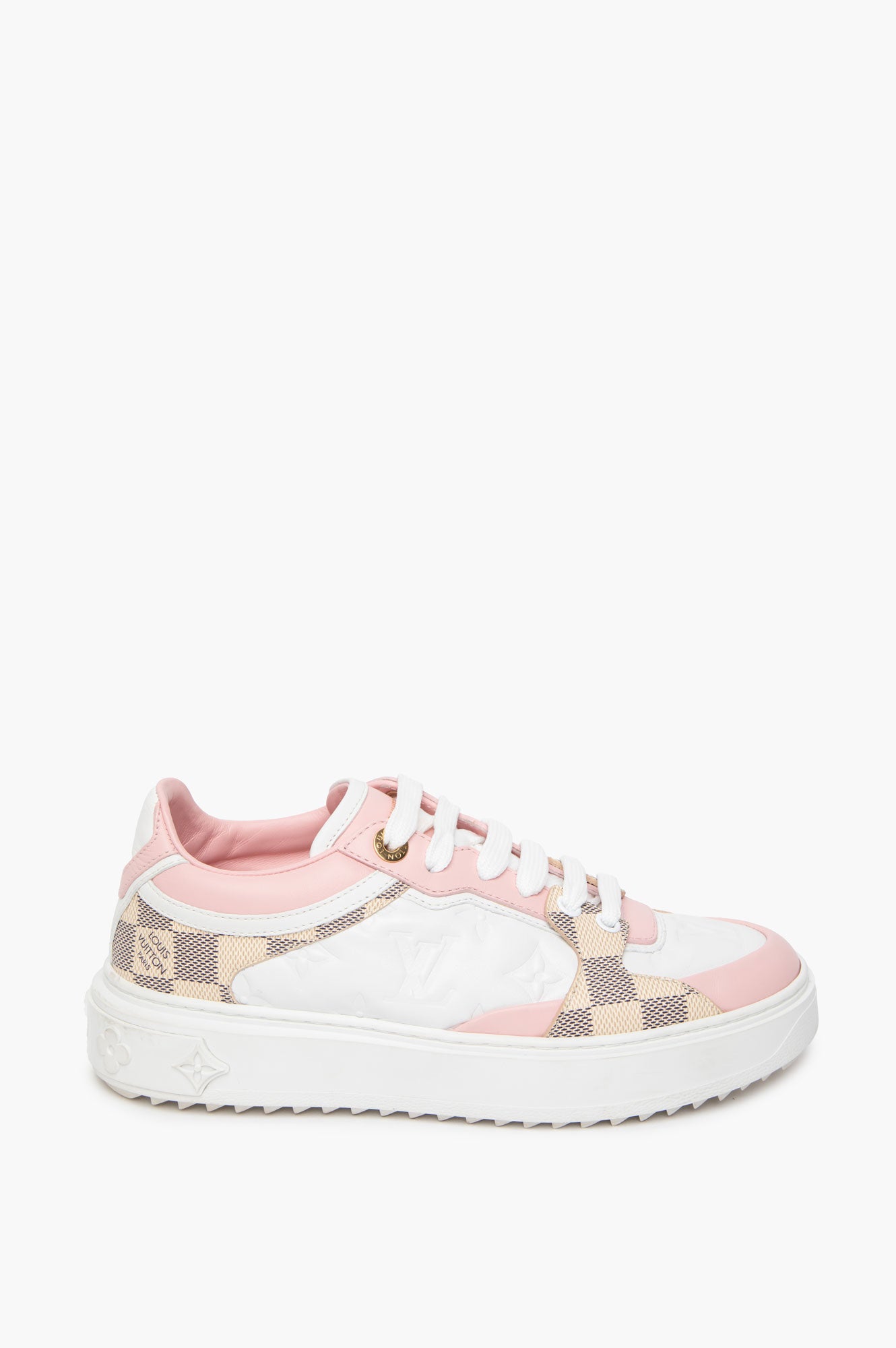 Louis Vuitton Pink/White Embossed Leather Damier Azur Time Out Trainers Size 35.5