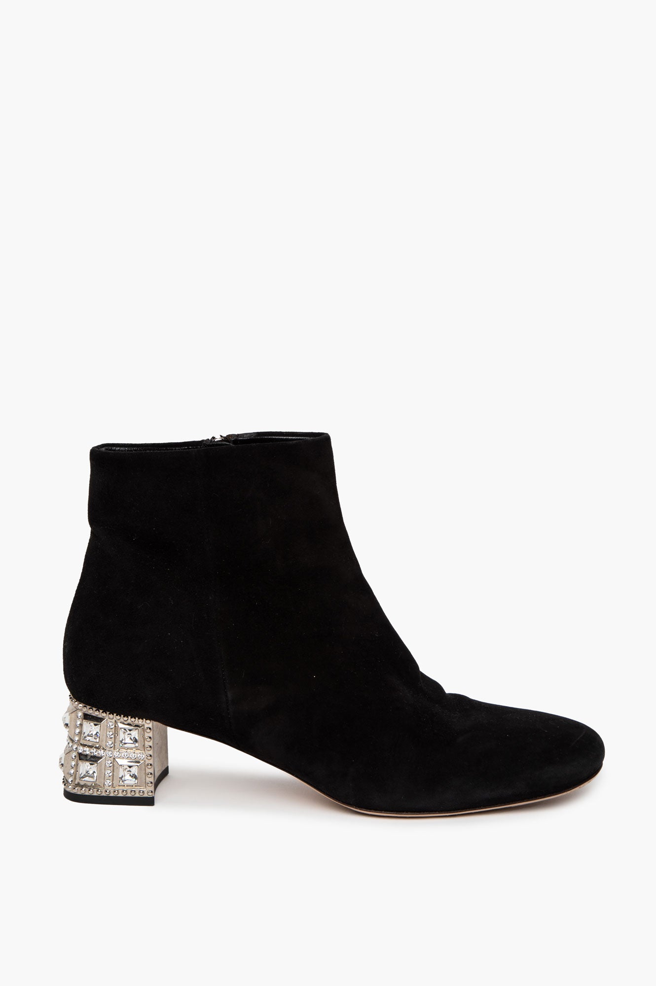Miu Miu Black Suede Crystal Embellished Heel Ankle Boots Size 36.5