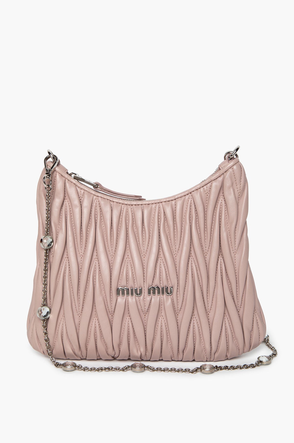 Miu Miu Powder Pink Matelassé Nappa Leather Crystal Chain Bag