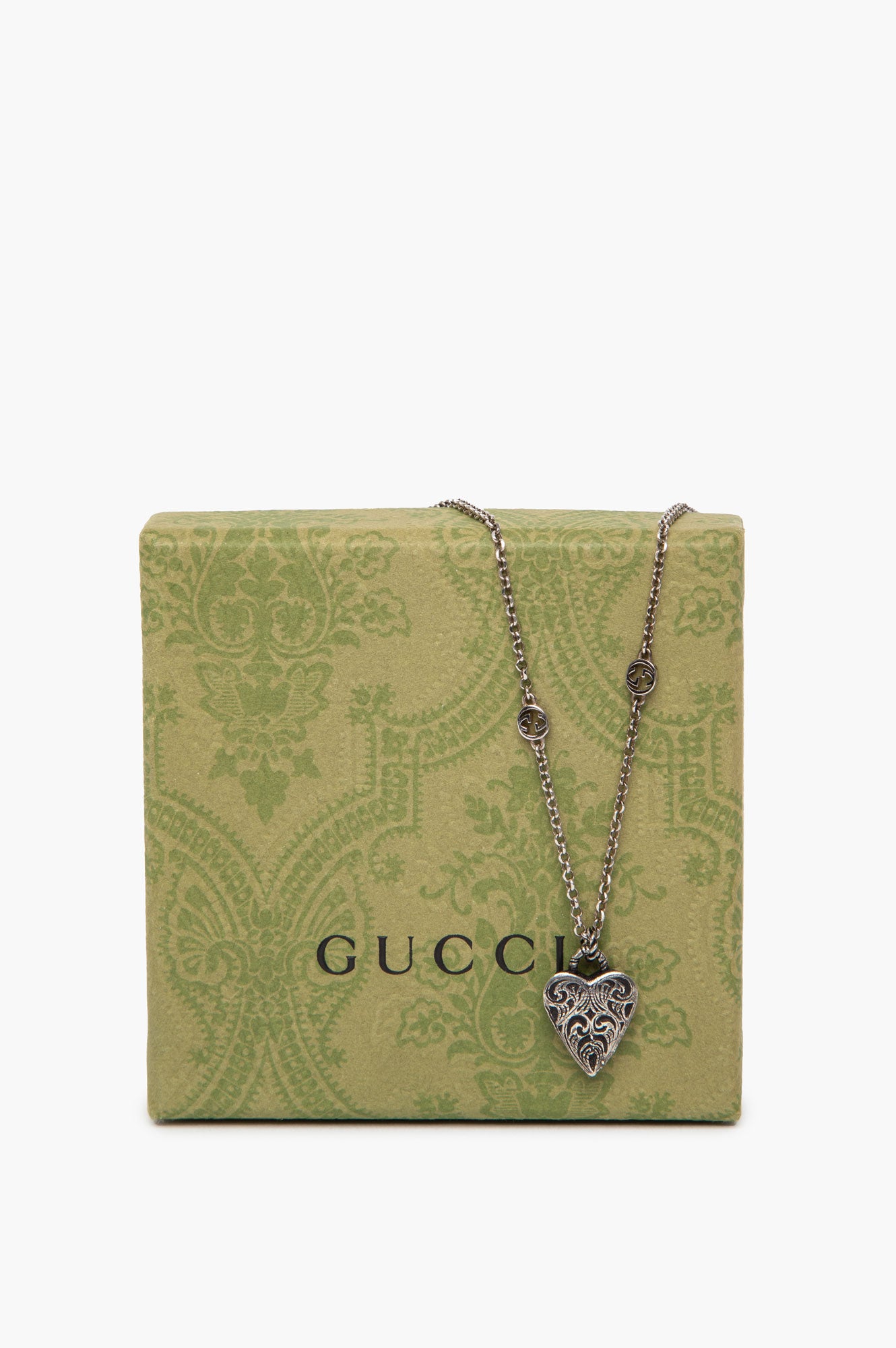 Gucci Sterling Silver Filigree Engraved Heart Pendant Necklace