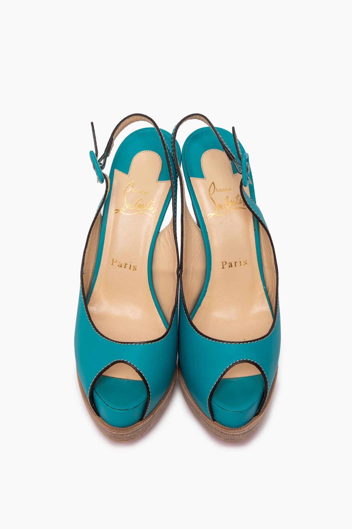 Christian Louboutin Turqoise Leather Palais Royal Trepointe Peeptoe Slingback Pumps SIze 37.5
