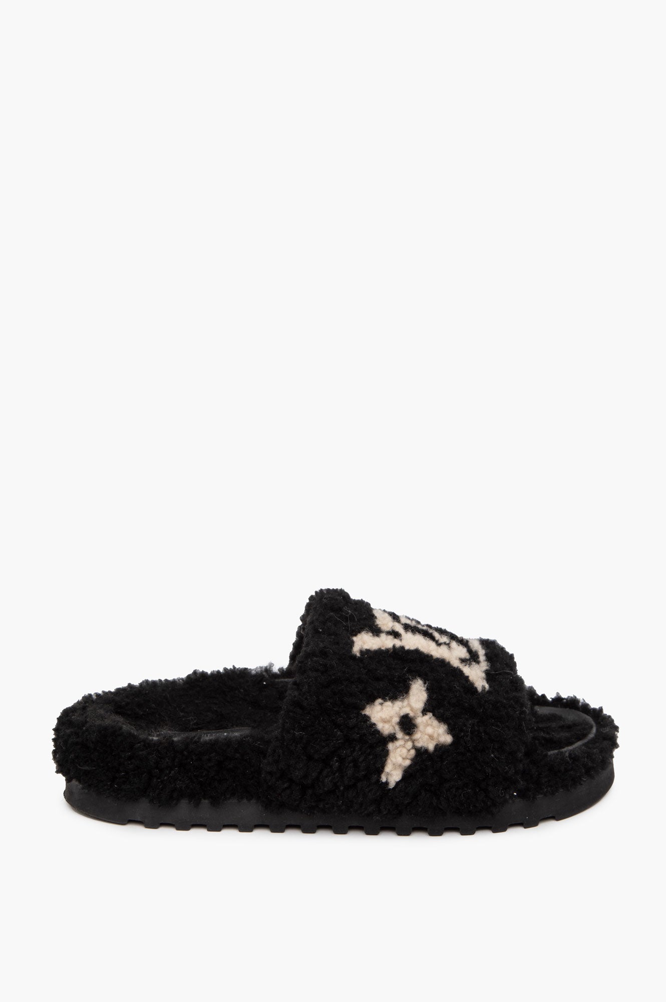 Louis Vuitton Black Monogram Shearling Paseo Flat Slides Size 37