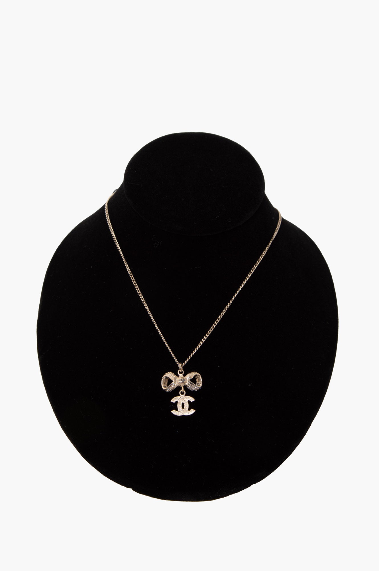 Chanel CC Logo Bow Swing Rhinestone Gold-plated Necklace