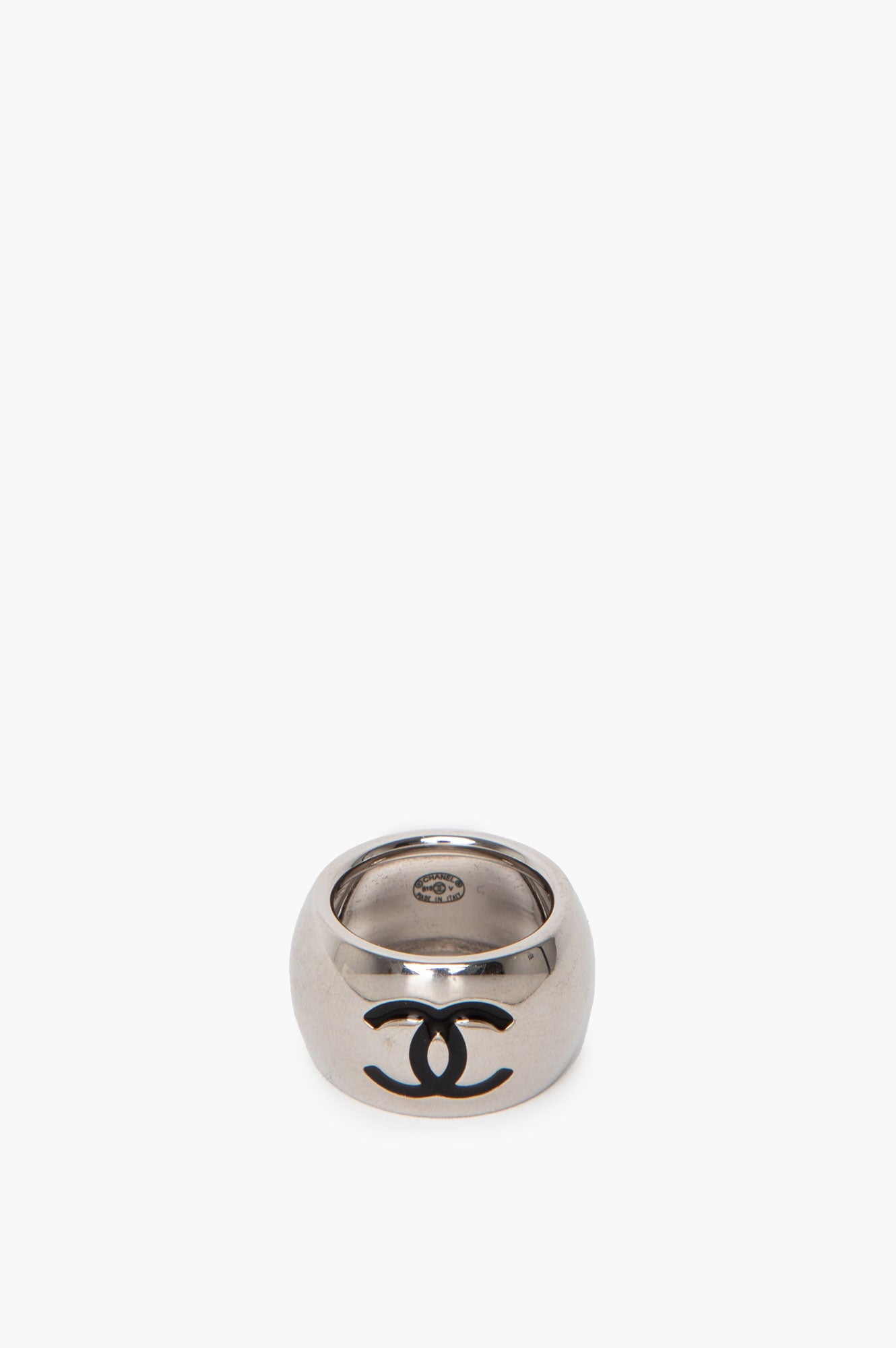 Chanel Silver-Tone Black Enamel CC Heart Ring