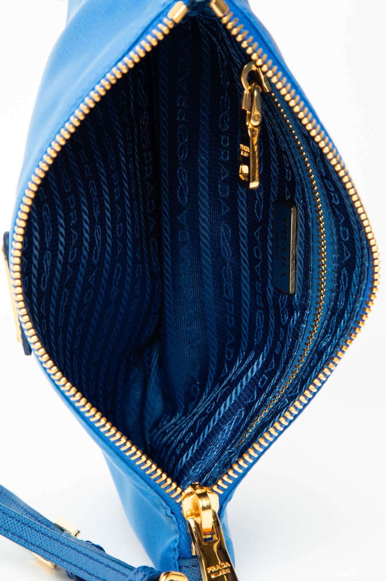 Prada Gold Tone Enamel Logo Blue Tessuto Nylon Wristlet Pouch