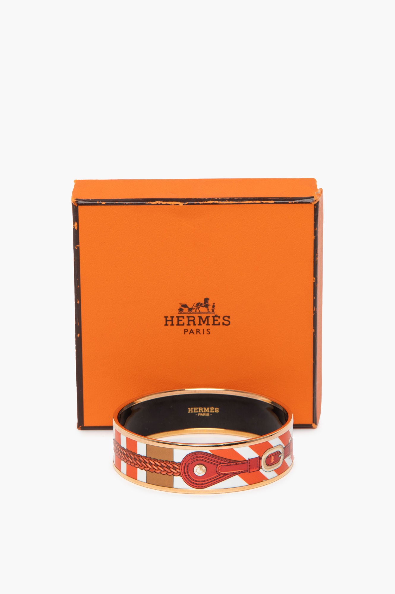 Hermès Rose Gold Plated Coaching Wide Printed Enamel Bangle Bracelet