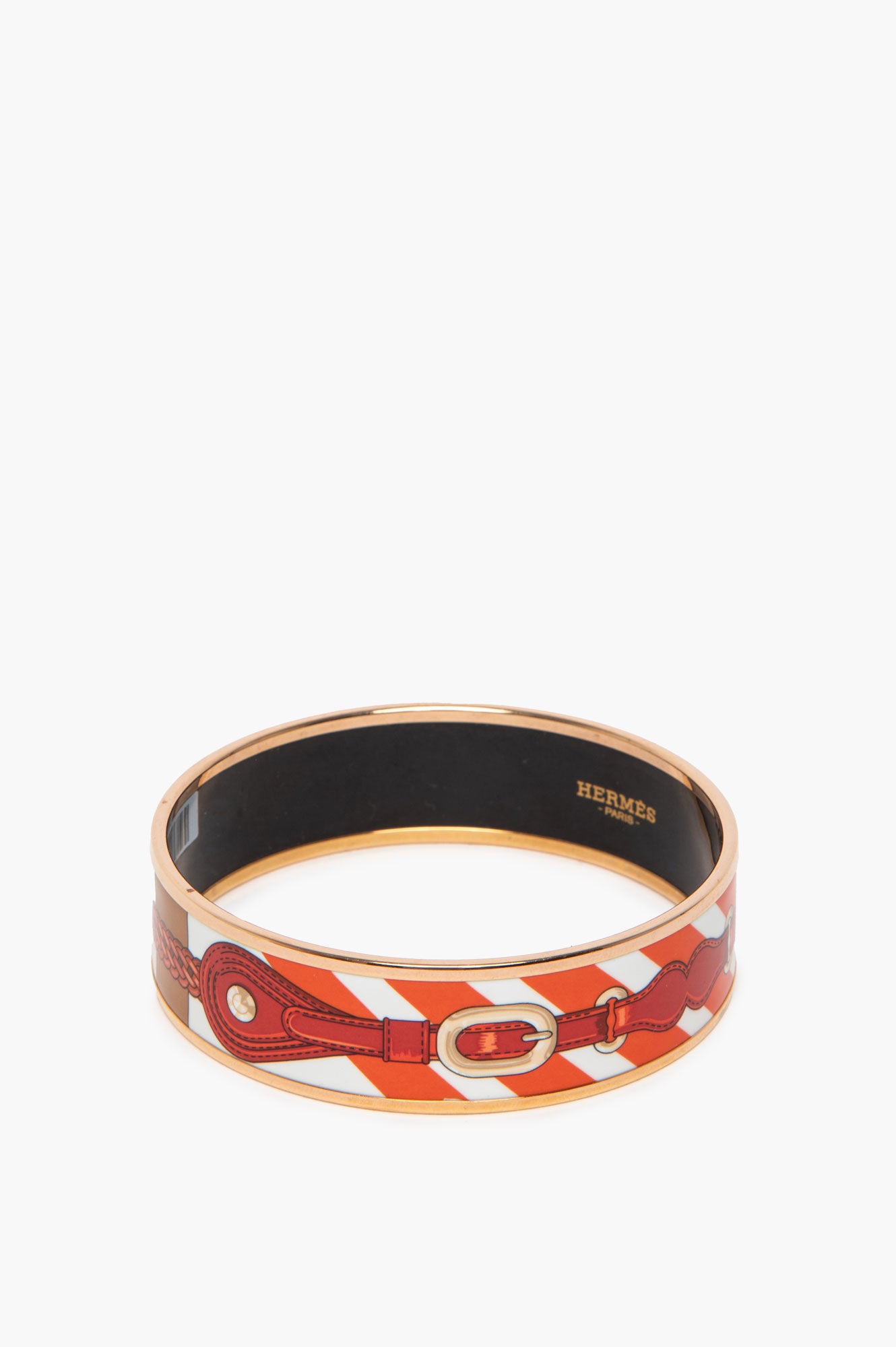 Hermès Rose Gold Plated Coaching Wide Printed Enamel Bangle Bracelet